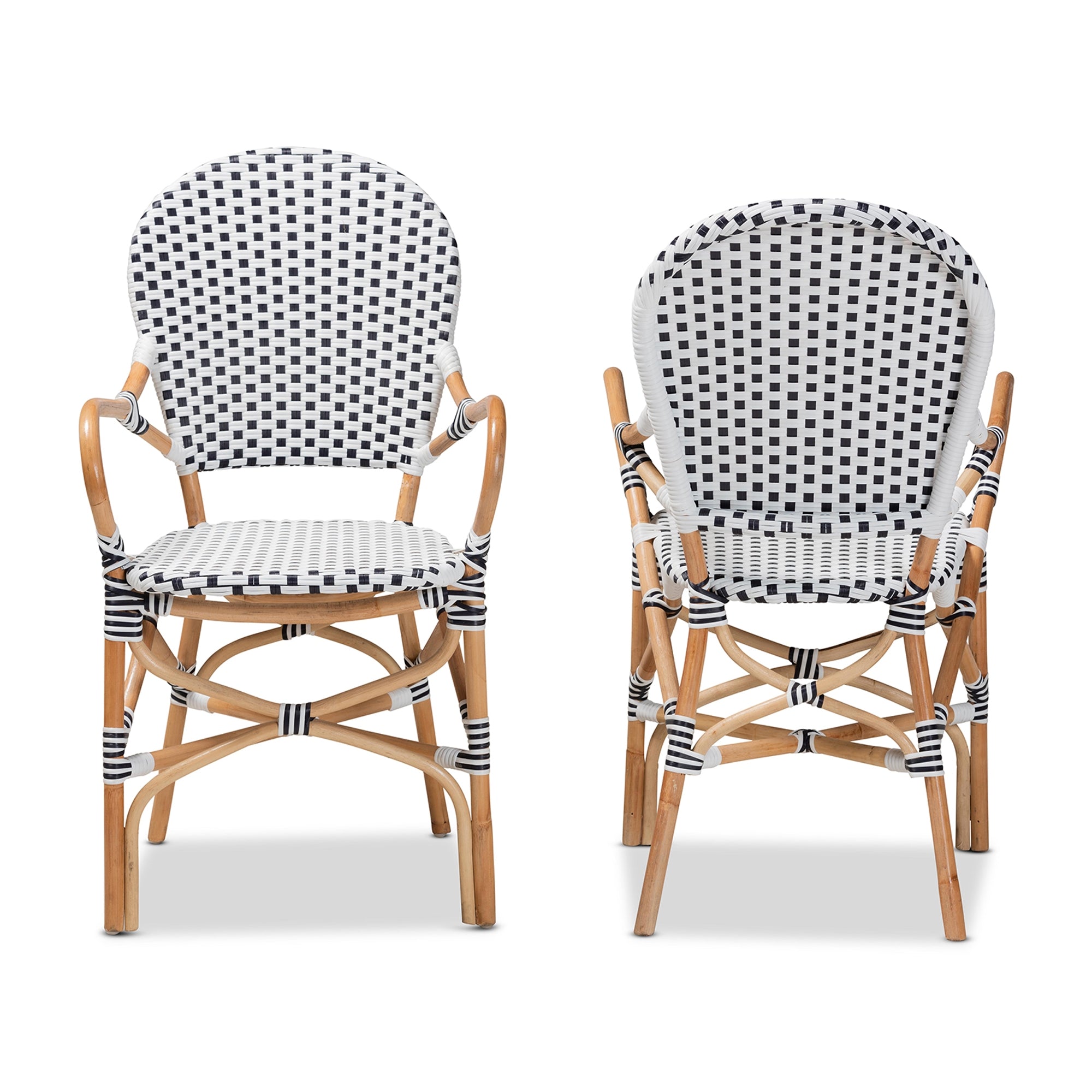 bali & pari Naila Classic French Black and White Weaving and Natural Brown Rattan 2-Piece Indoor and Outdoor Bistro Chair Set