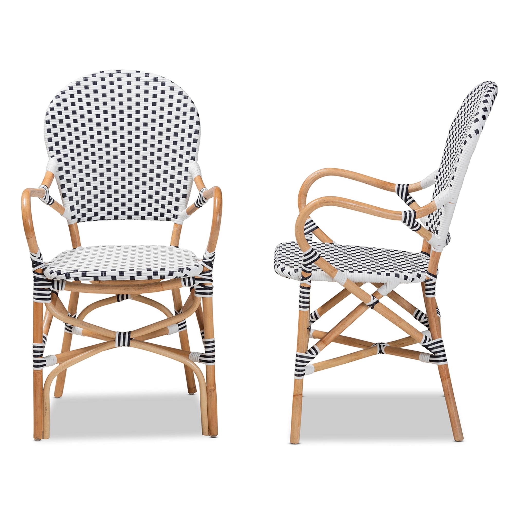 bali & pari Naila Classic French Black and White Weaving and Natural Brown Rattan 2-Piece Indoor and Outdoor Bistro Chair Set
