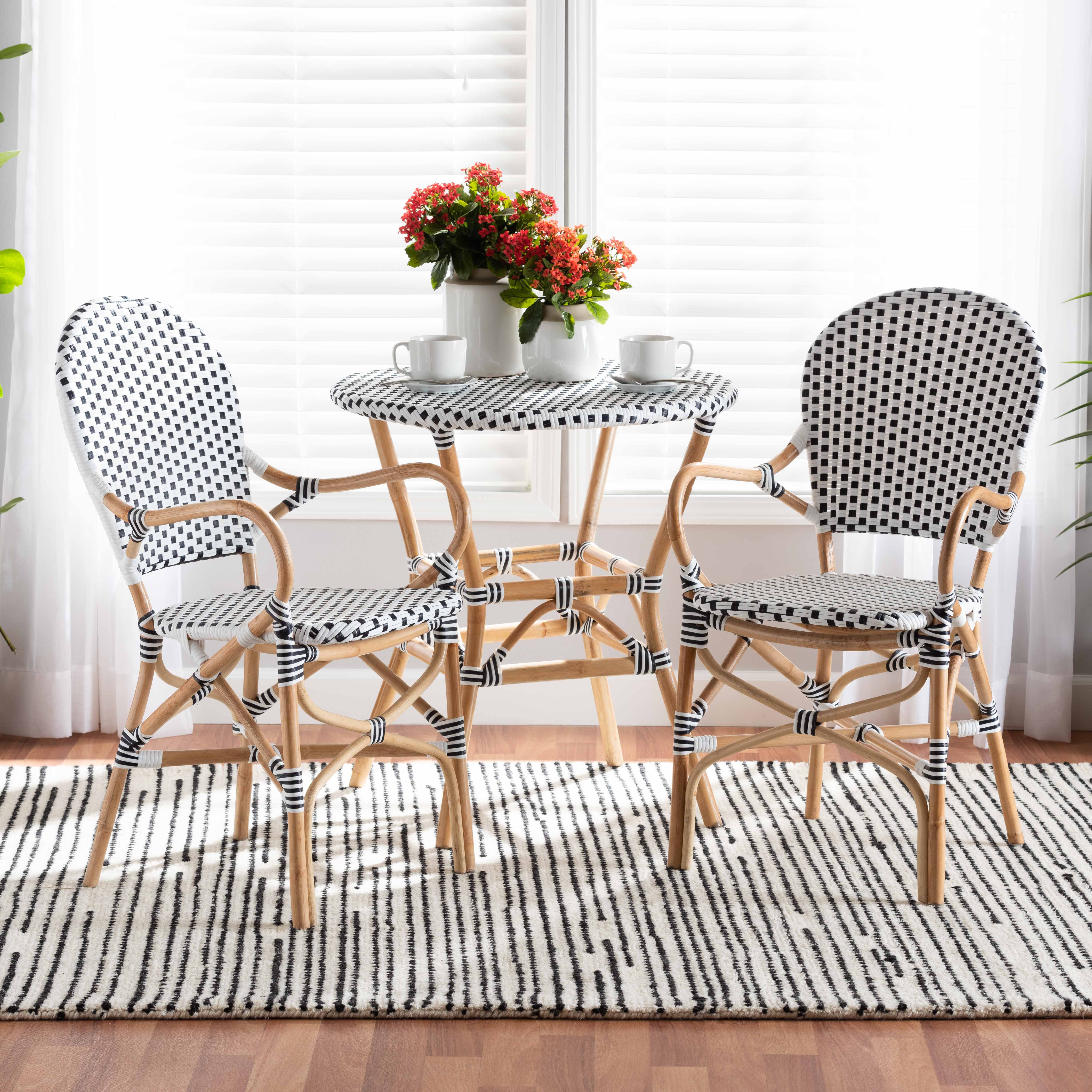 bali & pari Naila Classic French Black and White Weaving and Natural Brown Rattan 2-Piece Indoor and Outdoor Bistro Chair Set
