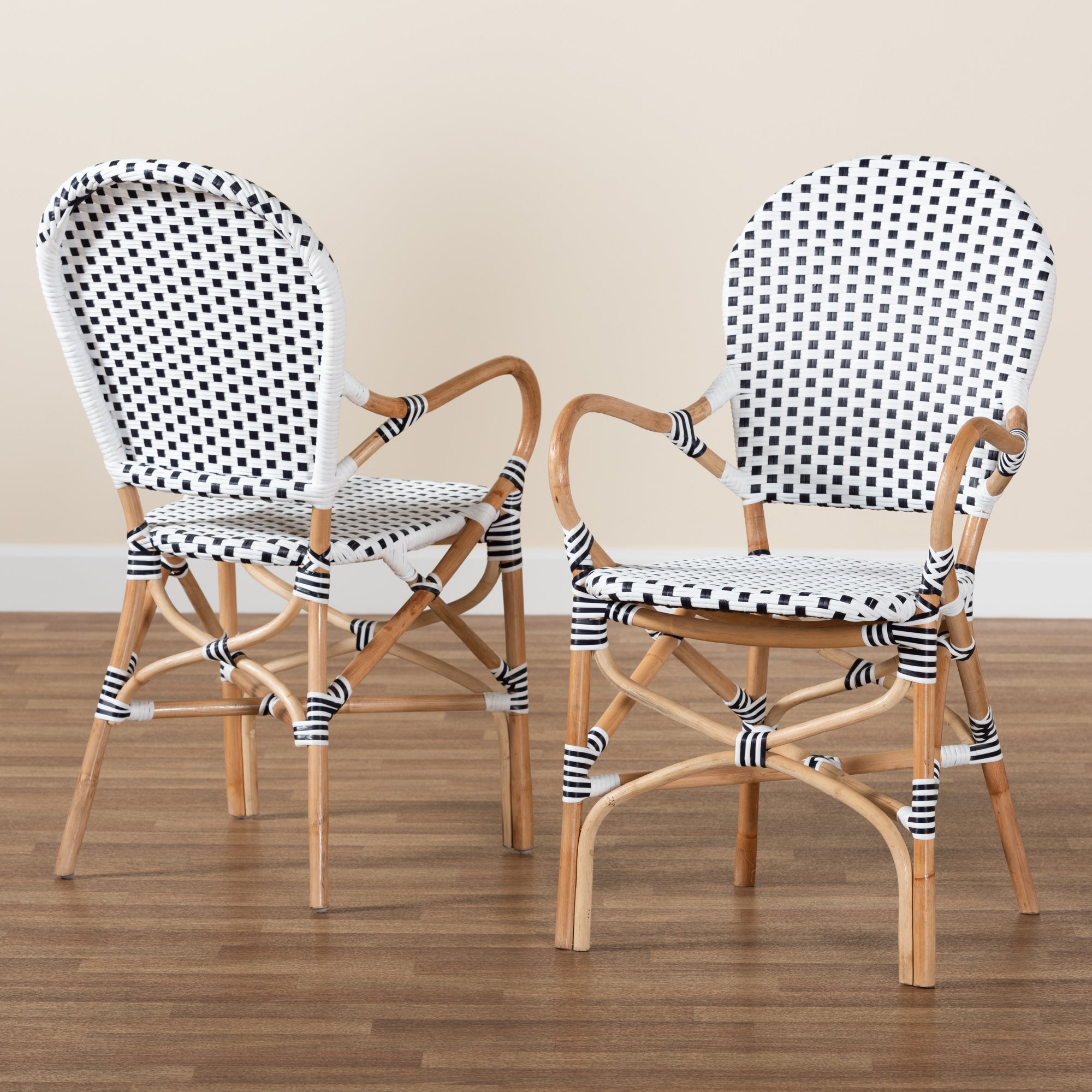 bali & pari Naila Classic French Black and White Weaving and Natural Brown Rattan 2-Piece Indoor and Outdoor Bistro Chair Set