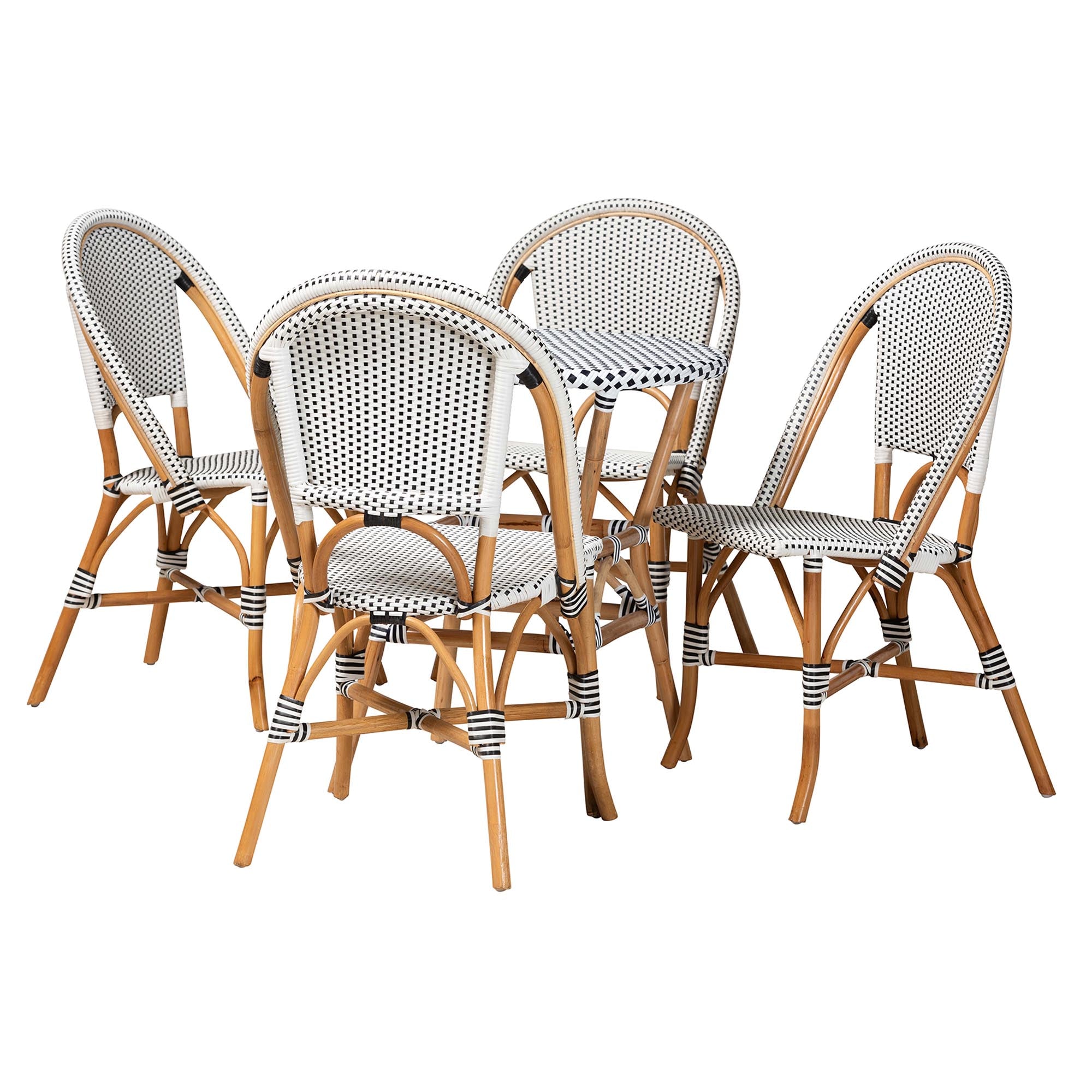 Baxton Studio Genica Classic French Black and White Weaving and Natural Brown Rattan 5-Piece Indoor and Outdoor Bistro Set