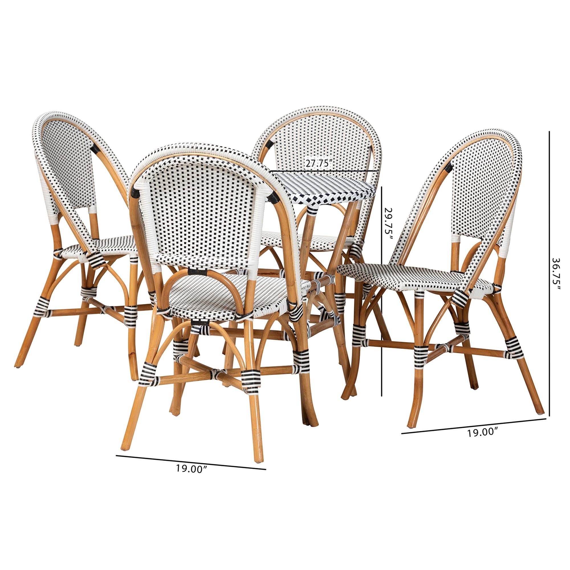 Baxton Studio Genica Classic French Black and White Weaving and Natural Brown Rattan 5-Piece Indoor and Outdoor Bistro Set