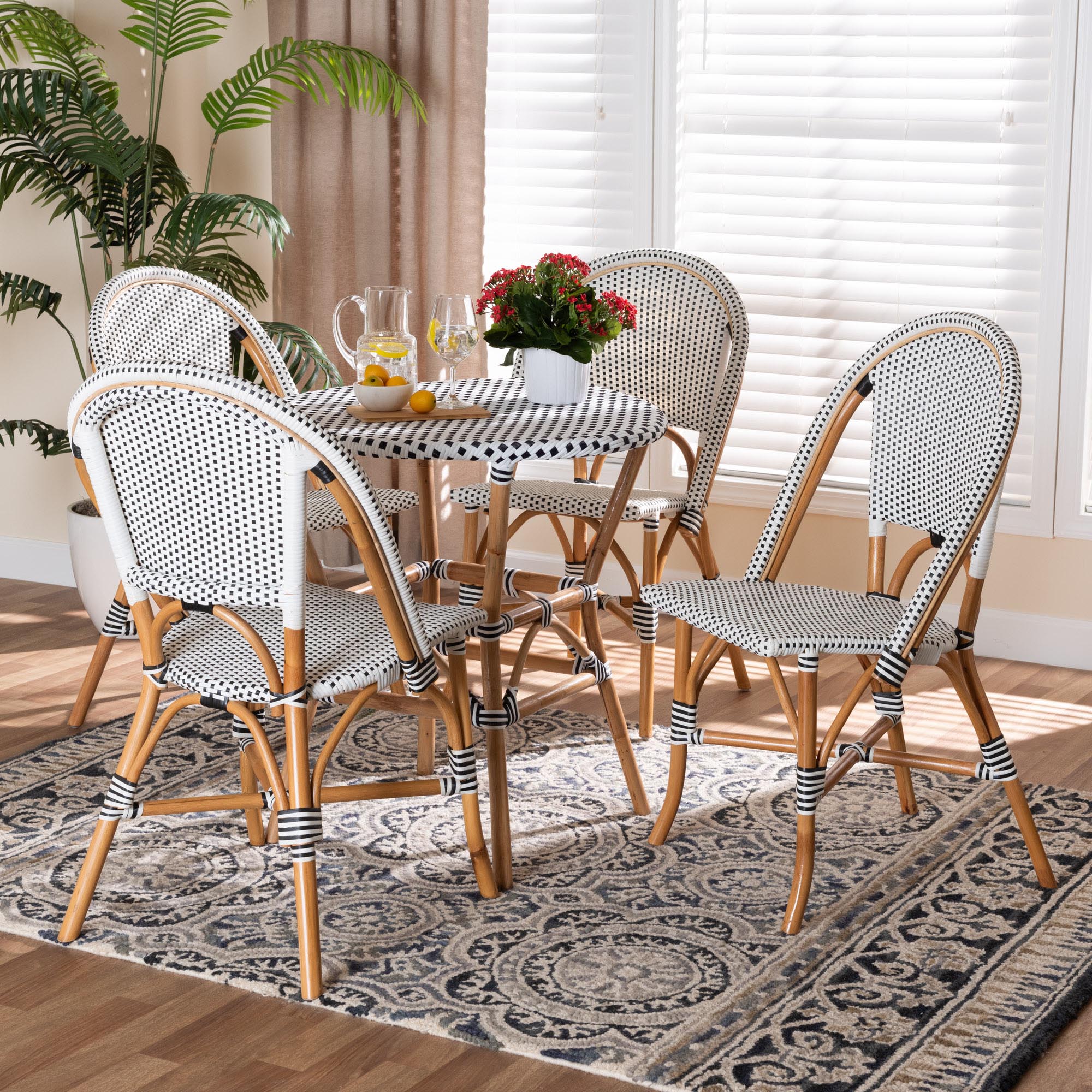 Baxton Studio Genica Classic French Black and White Weaving and Natural Brown Rattan 5-Piece Indoor and Outdoor Bistro Set