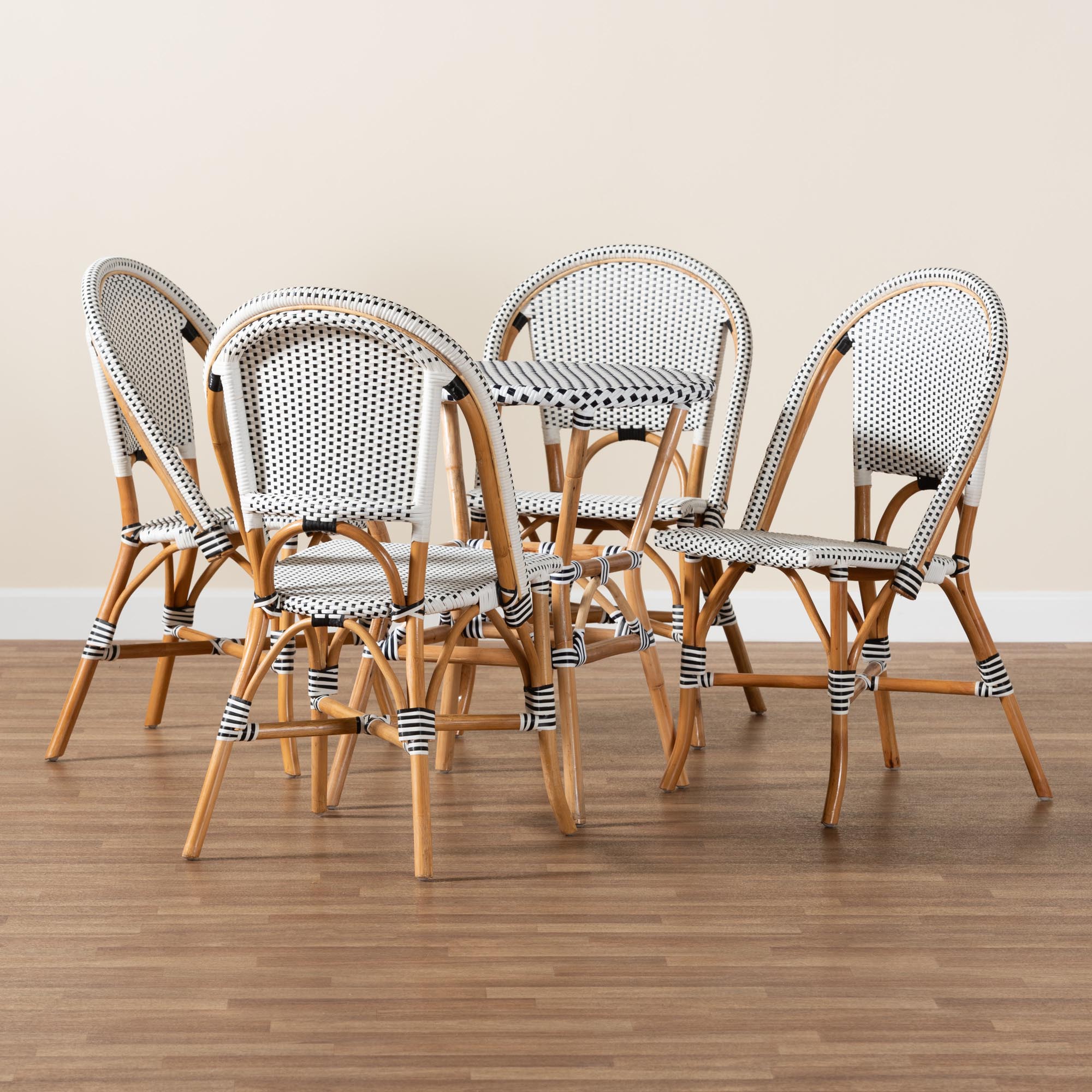 Baxton Studio Genica Classic French Black and White Weaving and Natural Brown Rattan 5-Piece Indoor and Outdoor Bistro Set