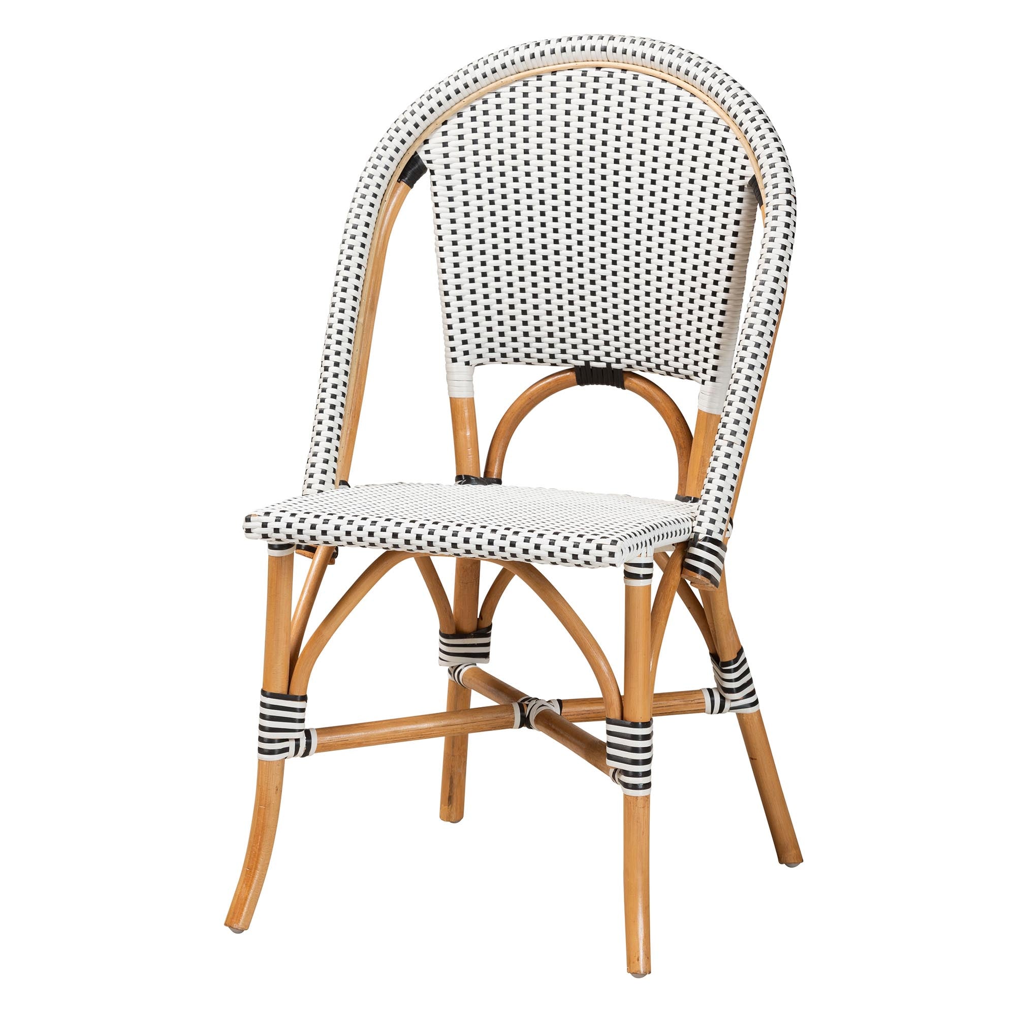 bali & pari Genica Classic French Black and White Weaving and Natural Brown Rattan Indoor and Outdoor Bistro Chair