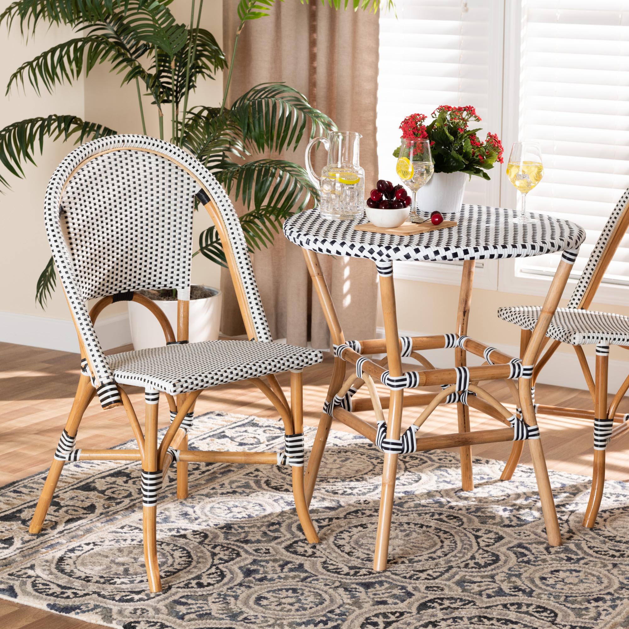 bali & pari Genica Classic French Black and White Weaving and Natural Brown Rattan Indoor and Outdoor Bistro Chair