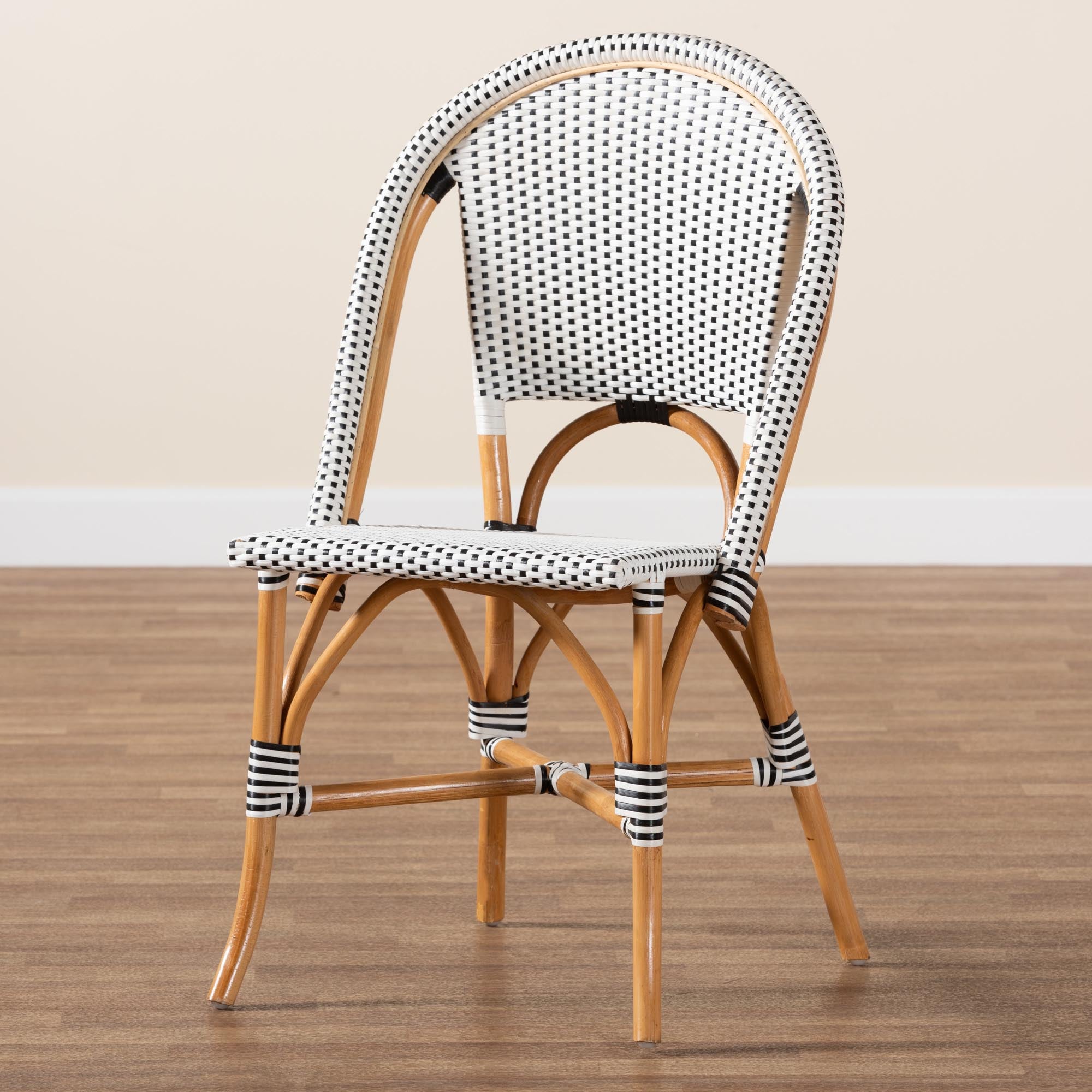 bali & pari Genica Classic French Black and White Weaving and Natural Brown Rattan Indoor and Outdoor Bistro Chair