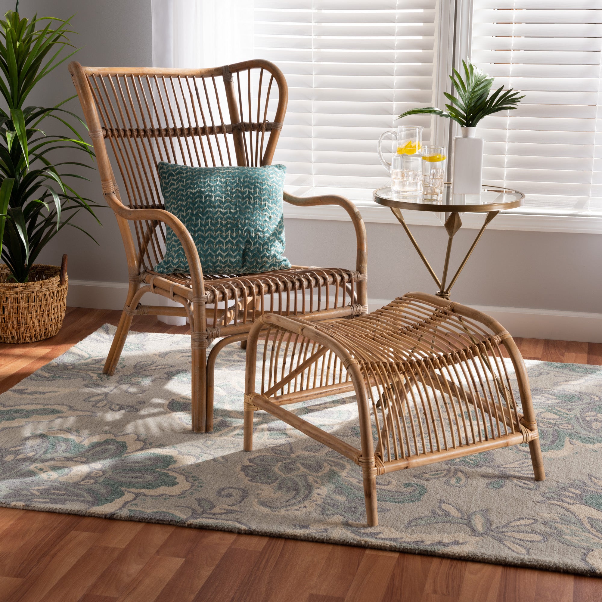 Baxton Studio Lamaria Modern Bohmenian Natural Brown Antique Rattan 2-Piece Chair and Footstool Set