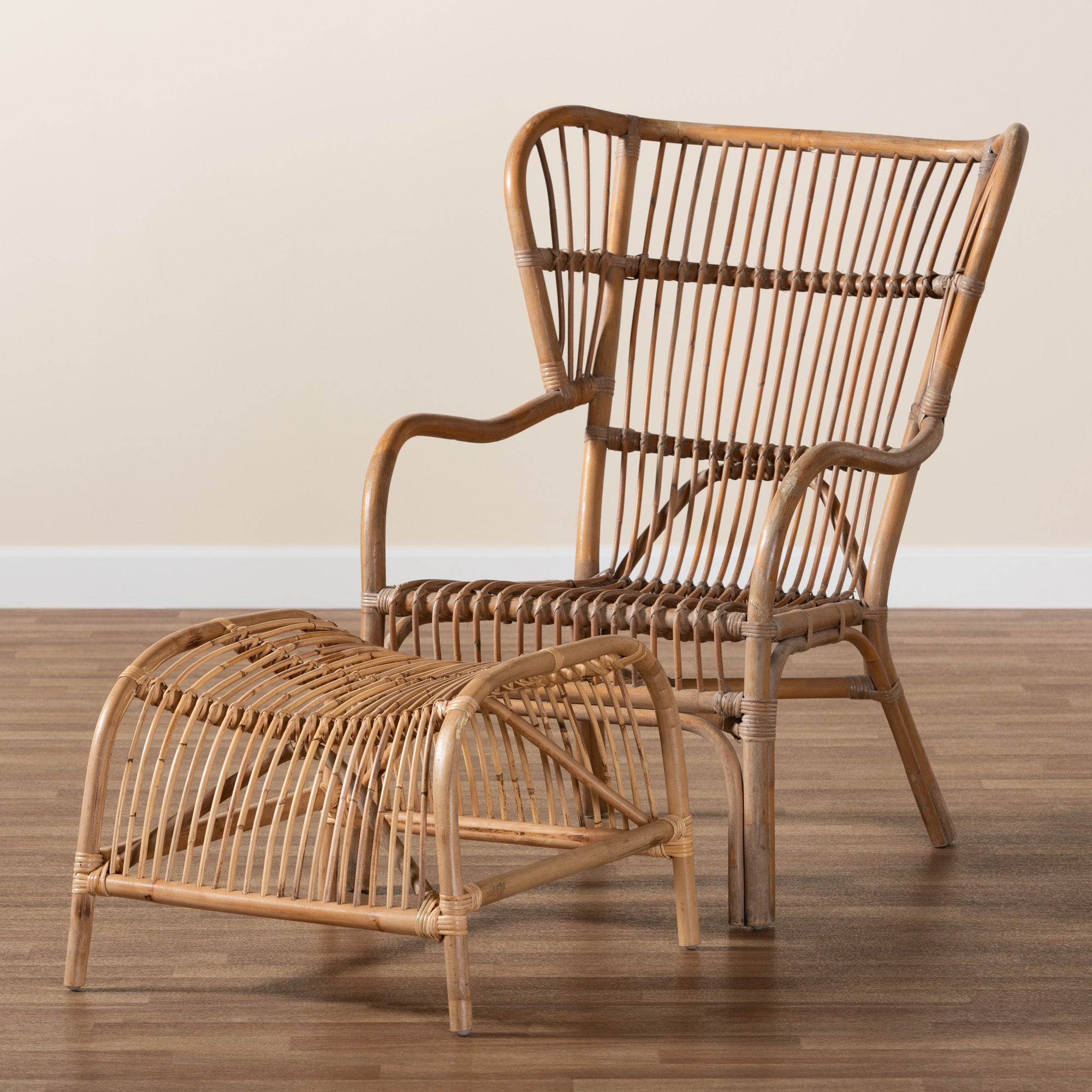 Baxton Studio Lamaria Modern Bohmenian Natural Brown Antique Rattan 2-Piece Chair and Footstool Set