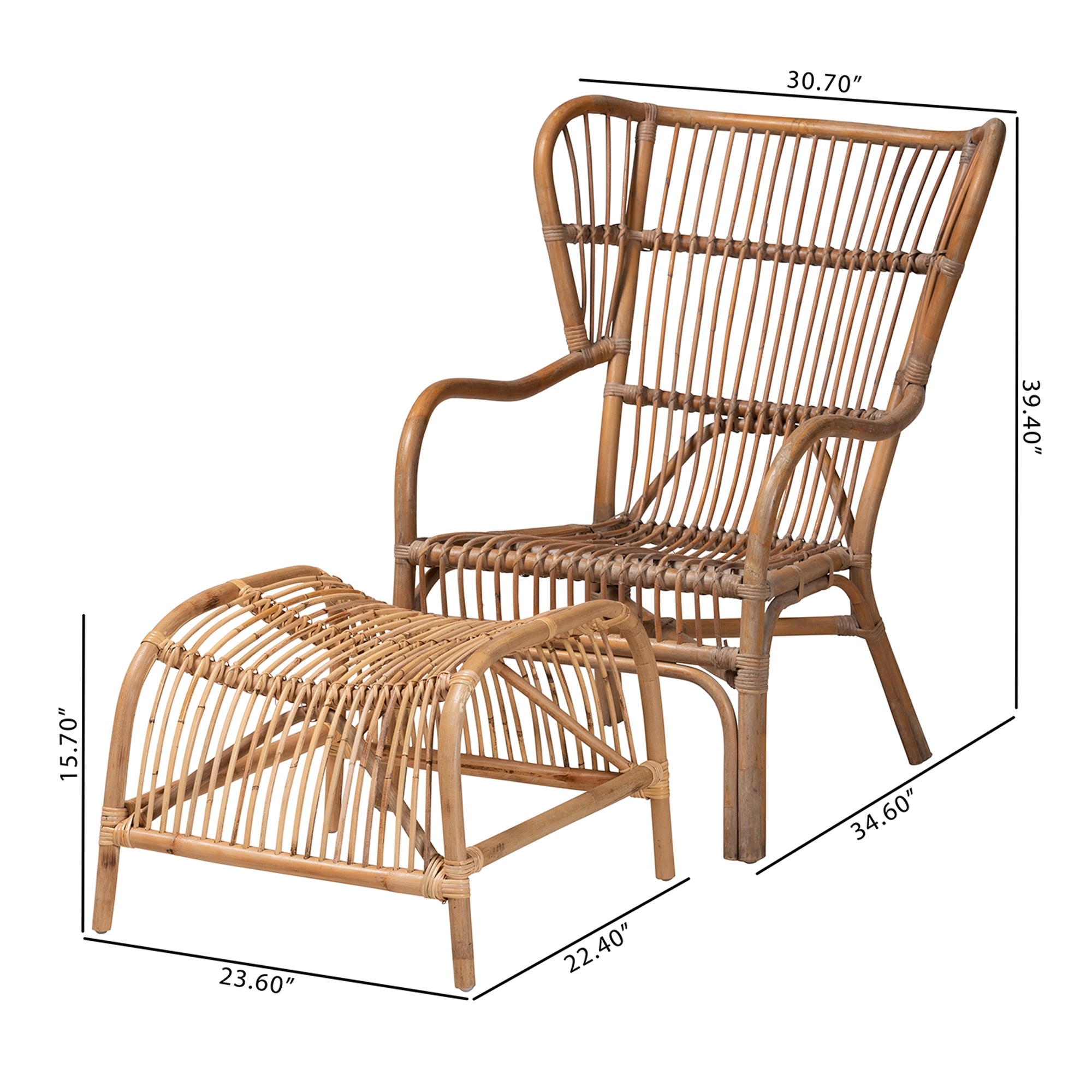 Baxton Studio Lamaria Modern Bohmenian Natural Brown Antique Rattan 2-Piece Chair and Footstool Set