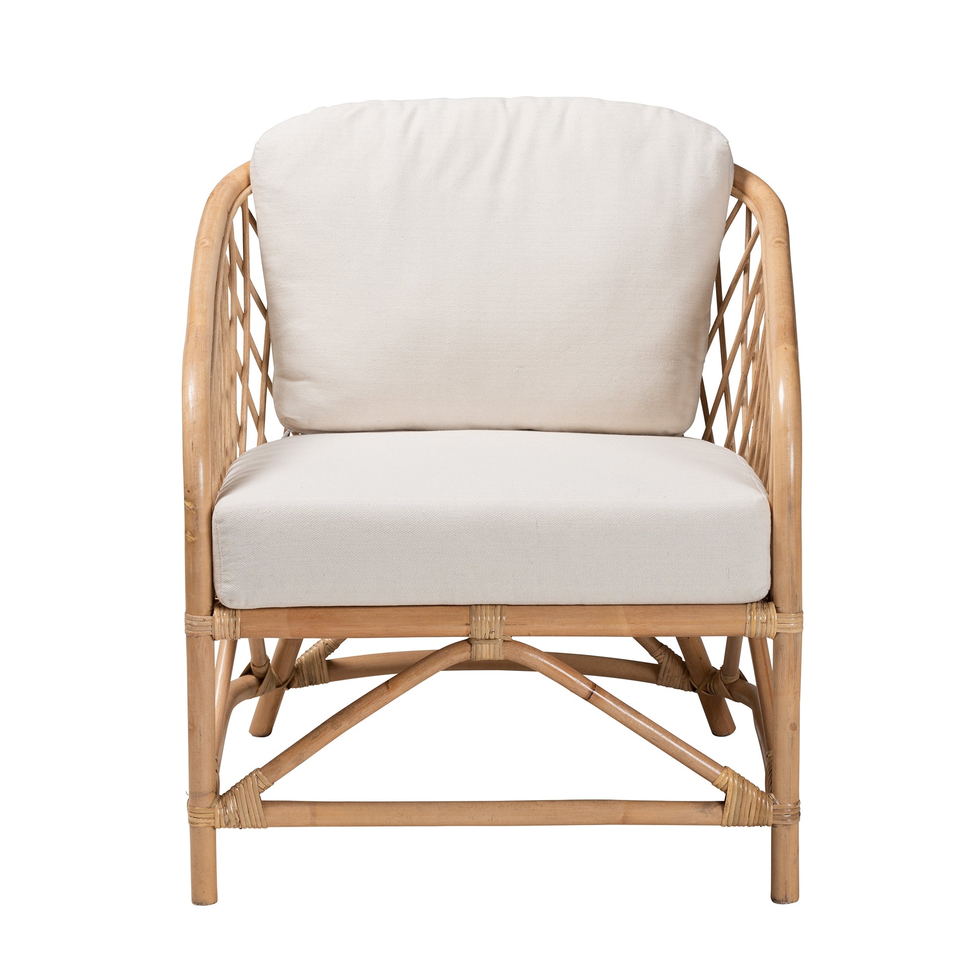 bali & pari Patsy Modern Bohemian White Fabric and Natural Brown Rattan Armchair