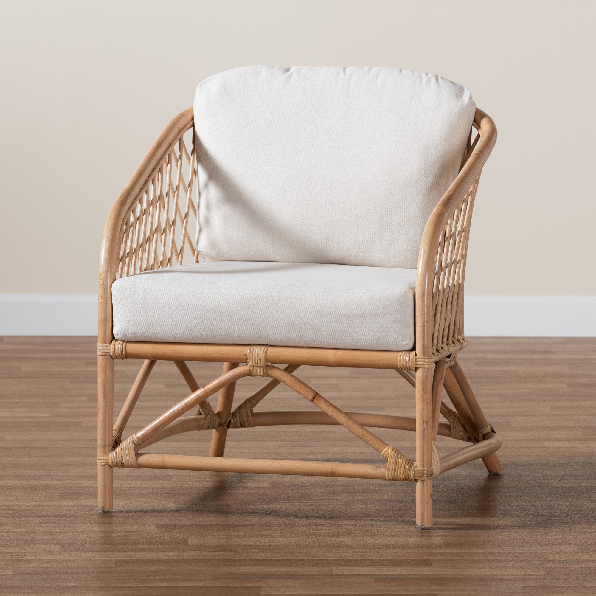 bali & pari Patsy Modern Bohemian White Fabric and Natural Brown Rattan Armchair