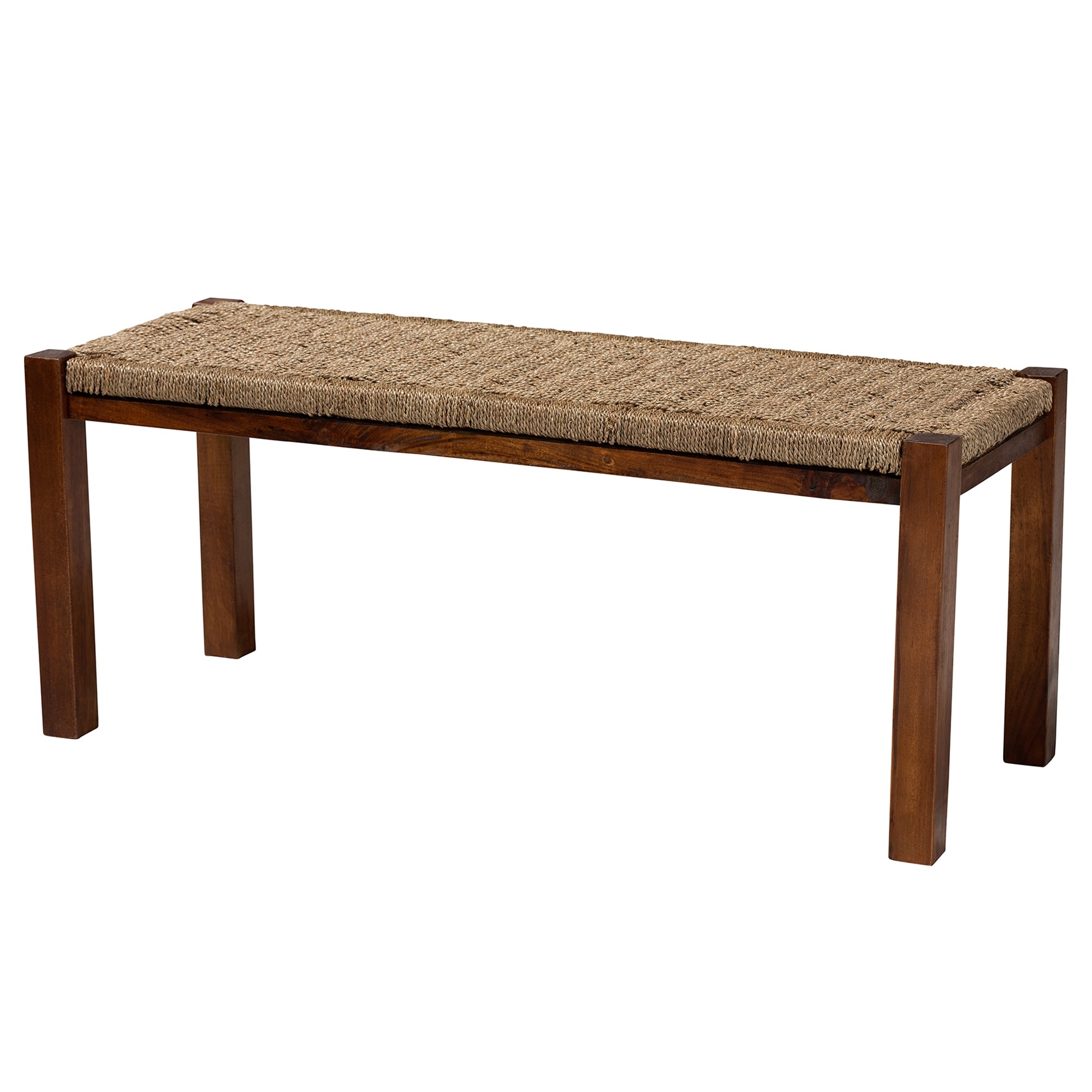 bali & pari Hermes Mid-Century Modern Transitional Natural Seagrass and Mahogany Wood Bench