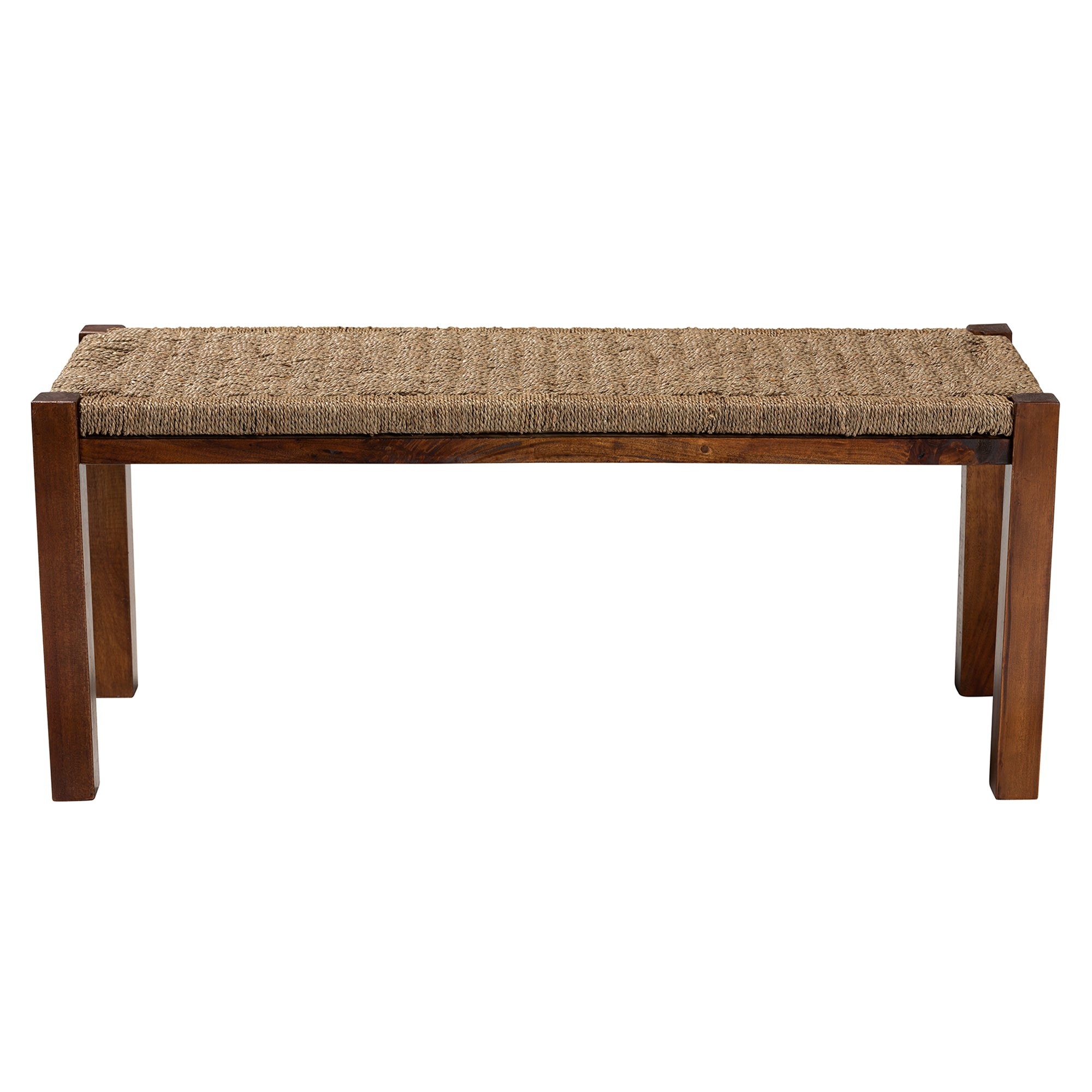 bali & pari Hermes Mid-Century Modern Transitional Natural Seagrass and Mahogany Wood Bench