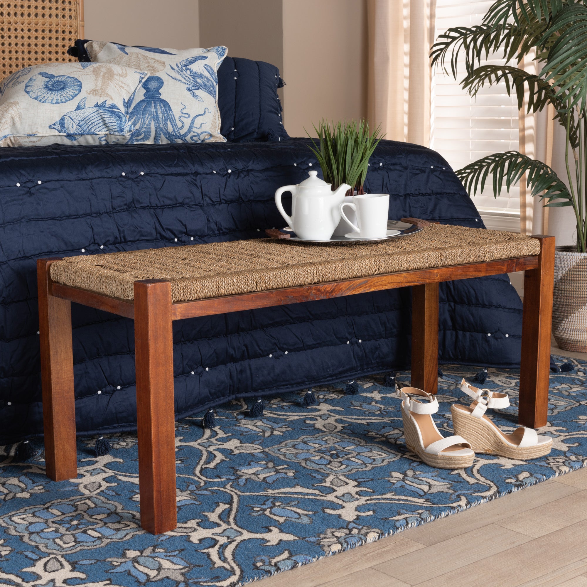 bali & pari Hermes Mid-Century Modern Transitional Natural Seagrass and Mahogany Wood Bench