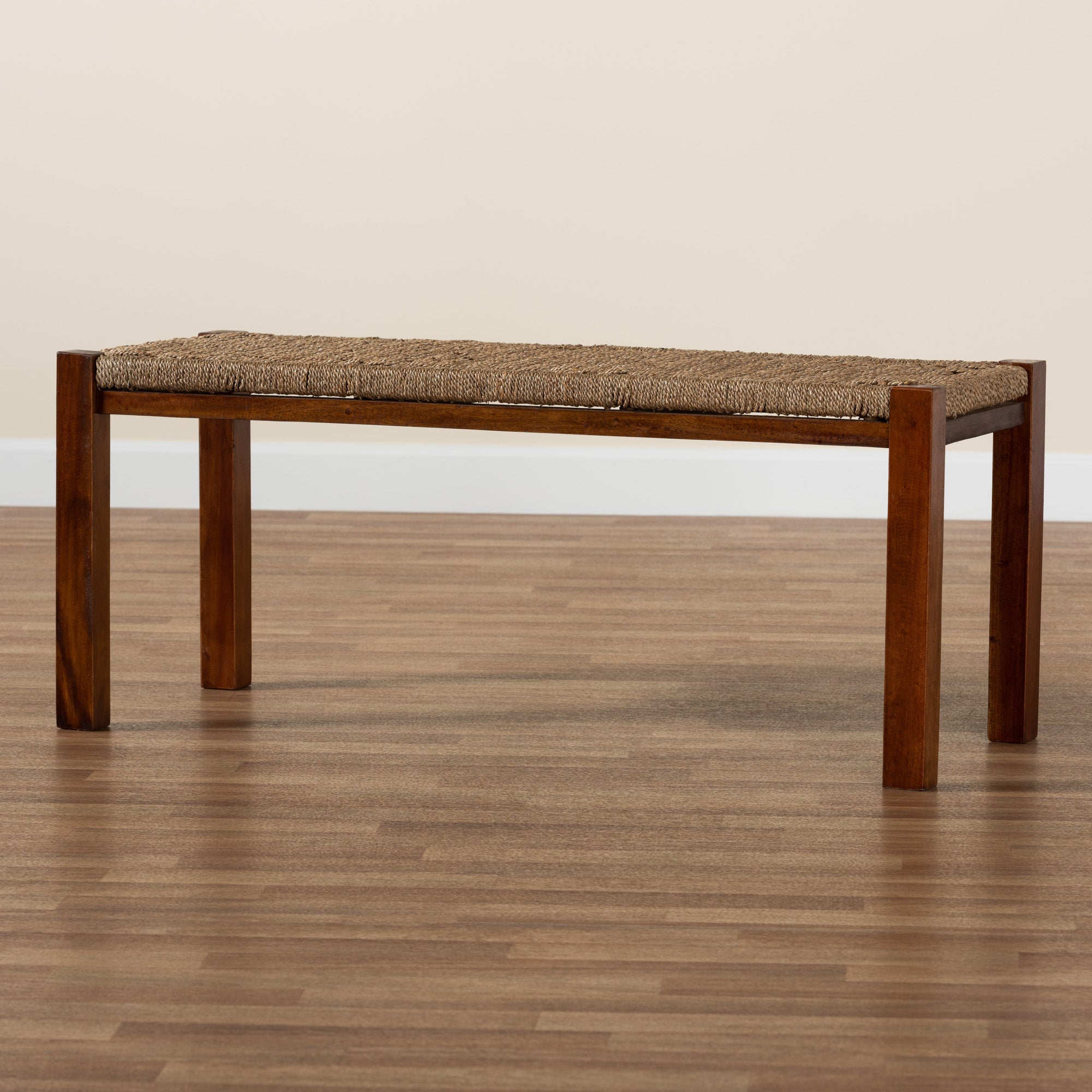 bali & pari Hermes Mid-Century Modern Transitional Natural Seagrass and Mahogany Wood Bench