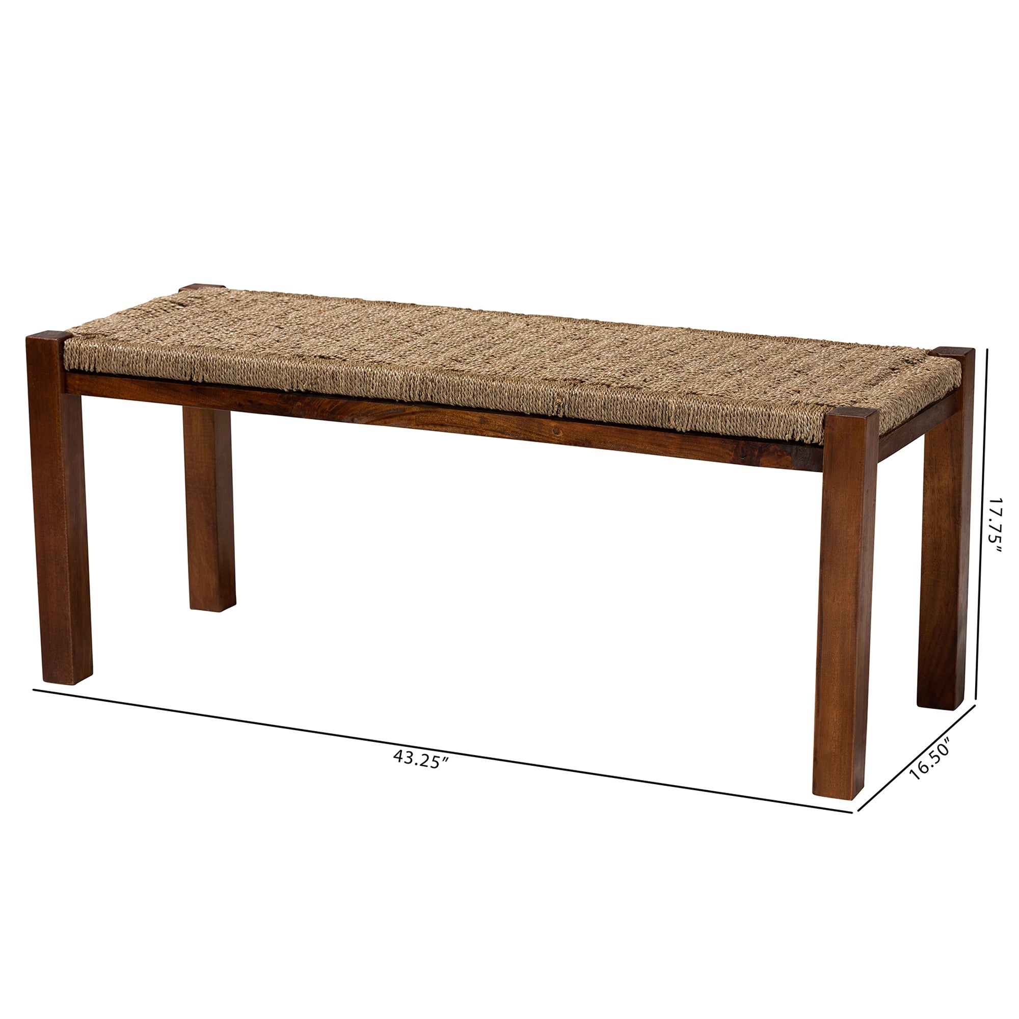 bali & pari Hermes Mid-Century Modern Transitional Natural Seagrass and Mahogany Wood Bench