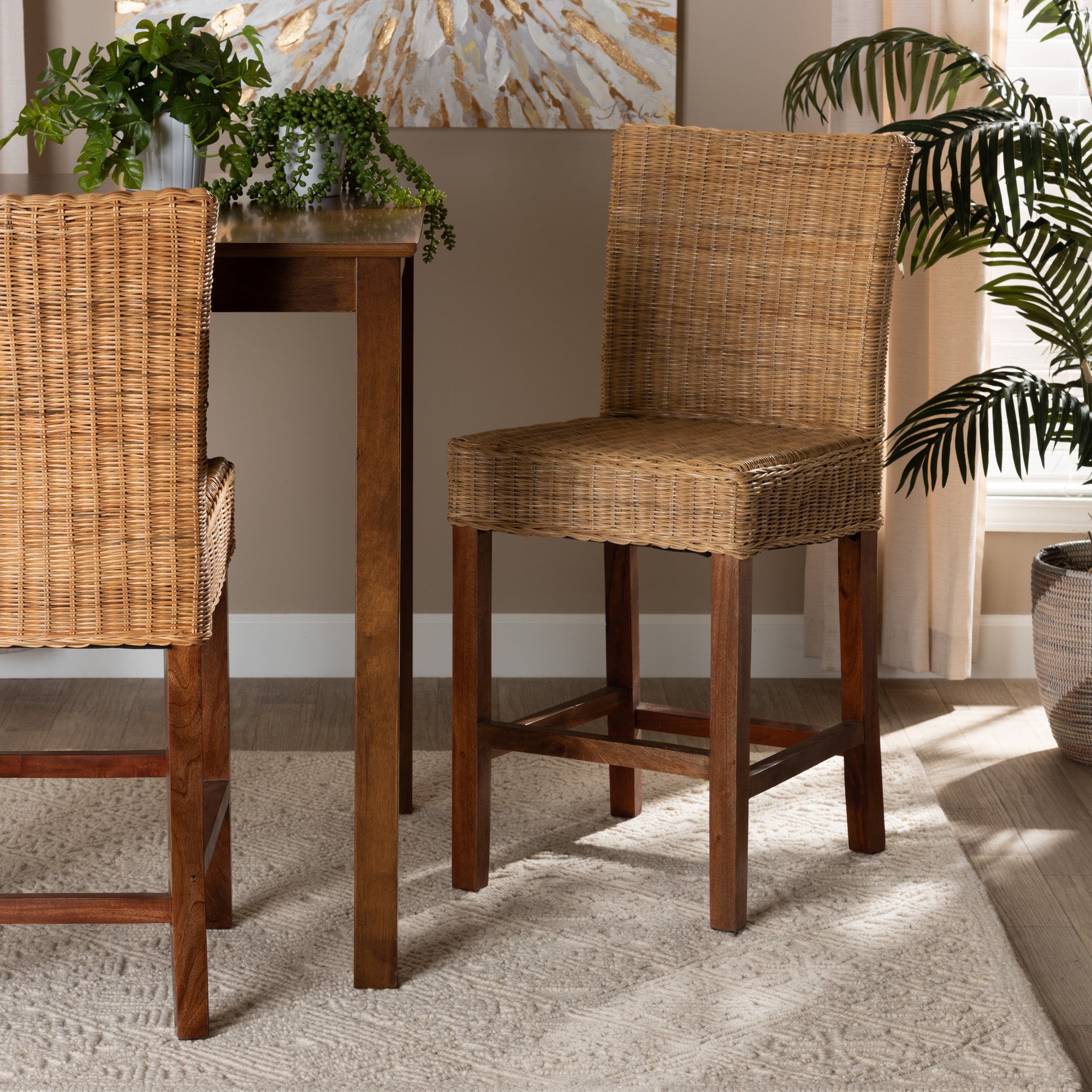 bali & pari Racquel Modern Bohemian Natural Rattan and Mahogany Wood Counter Stool