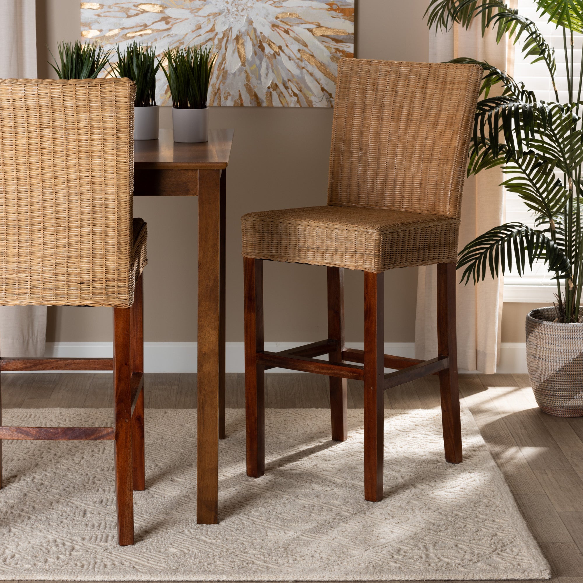 bali & pari Racquel Modern Bohemian Natural Rattan and Mahogany Wood Bar Stool