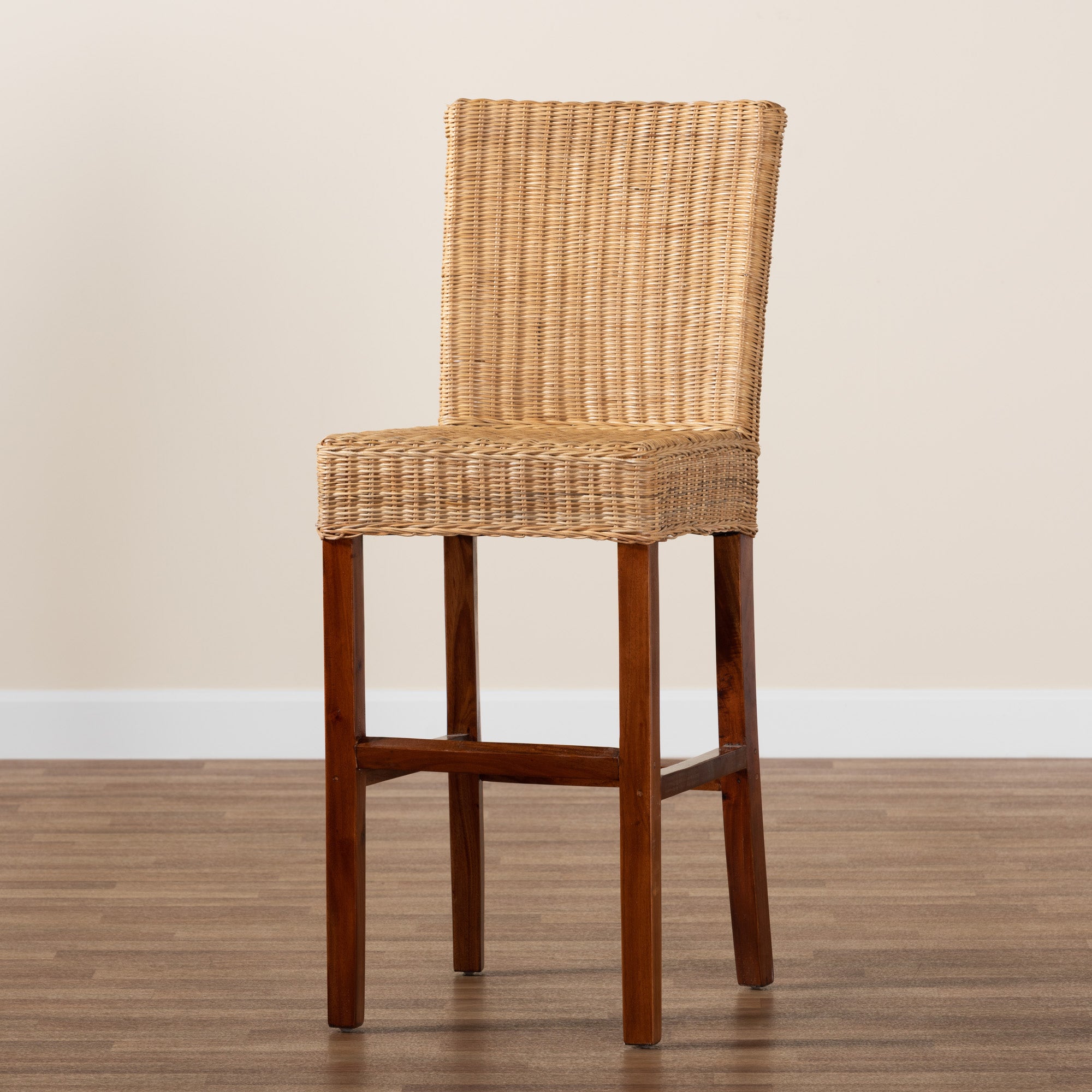 bali & pari Racquel Modern Bohemian Natural Rattan and Mahogany Wood Bar Stool