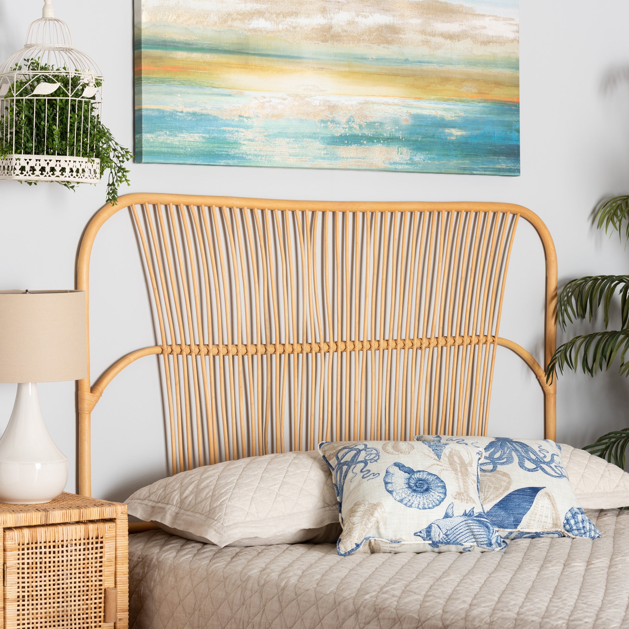 bali & pari Laina Modern Bohemian Natural Brown Rattan Queen Size Wall-mount Headboard