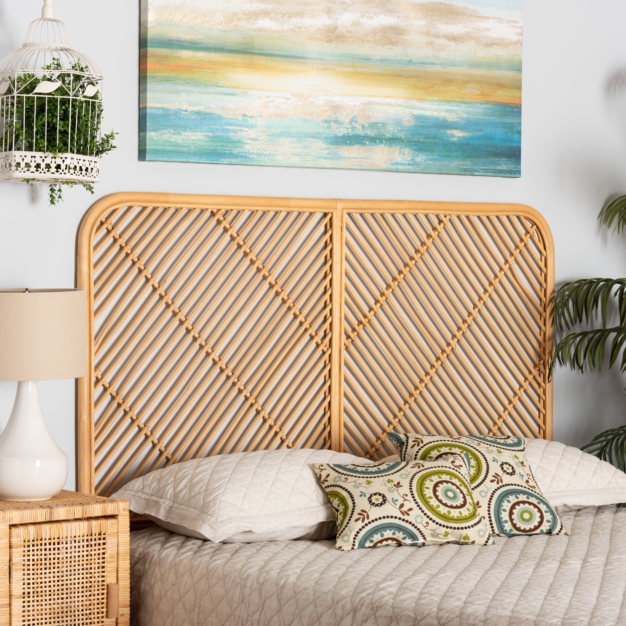 bali & pari Sakina Modern Bohemian Natural Brown Rattan Queen Size Wall-mount Headboard