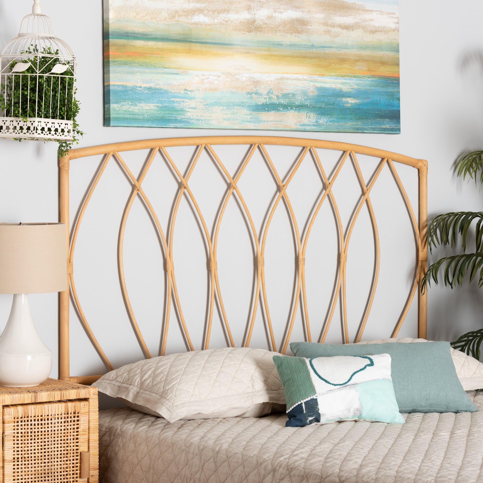 bali & pari Halia Modern Bohemian Natural Brown Rattan Queen Size Wall-mount Headboard