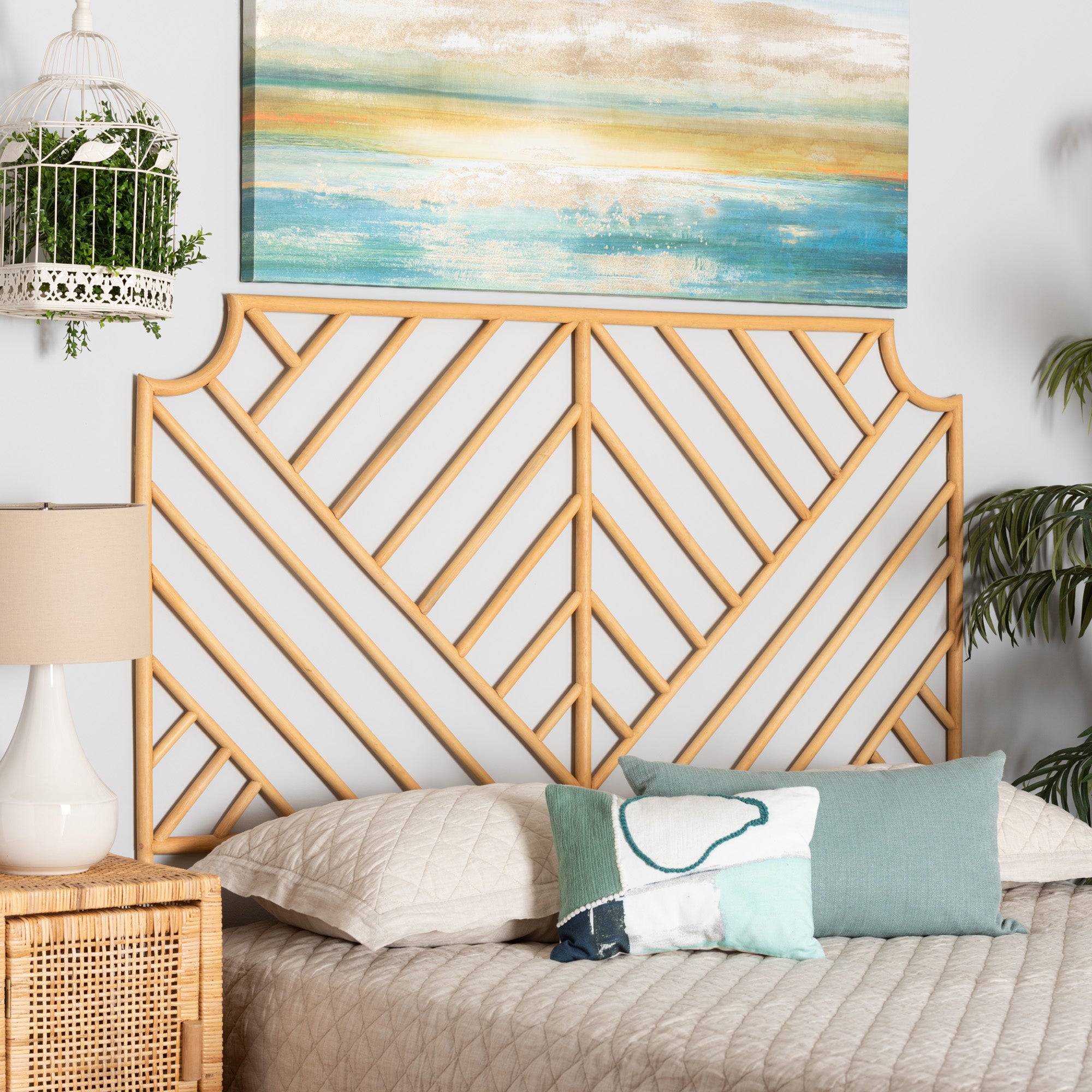bali & pari Giza Modern Bohemian Natural Brown Rattan Queen Size Wall-mount Headboard