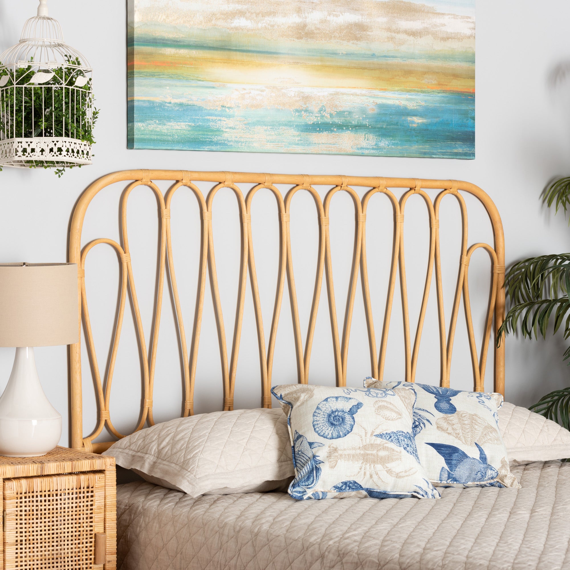 bali & pari Carrick Modern Bohemian Natural Brown Rattan Queen Size Wall-mount Headboard