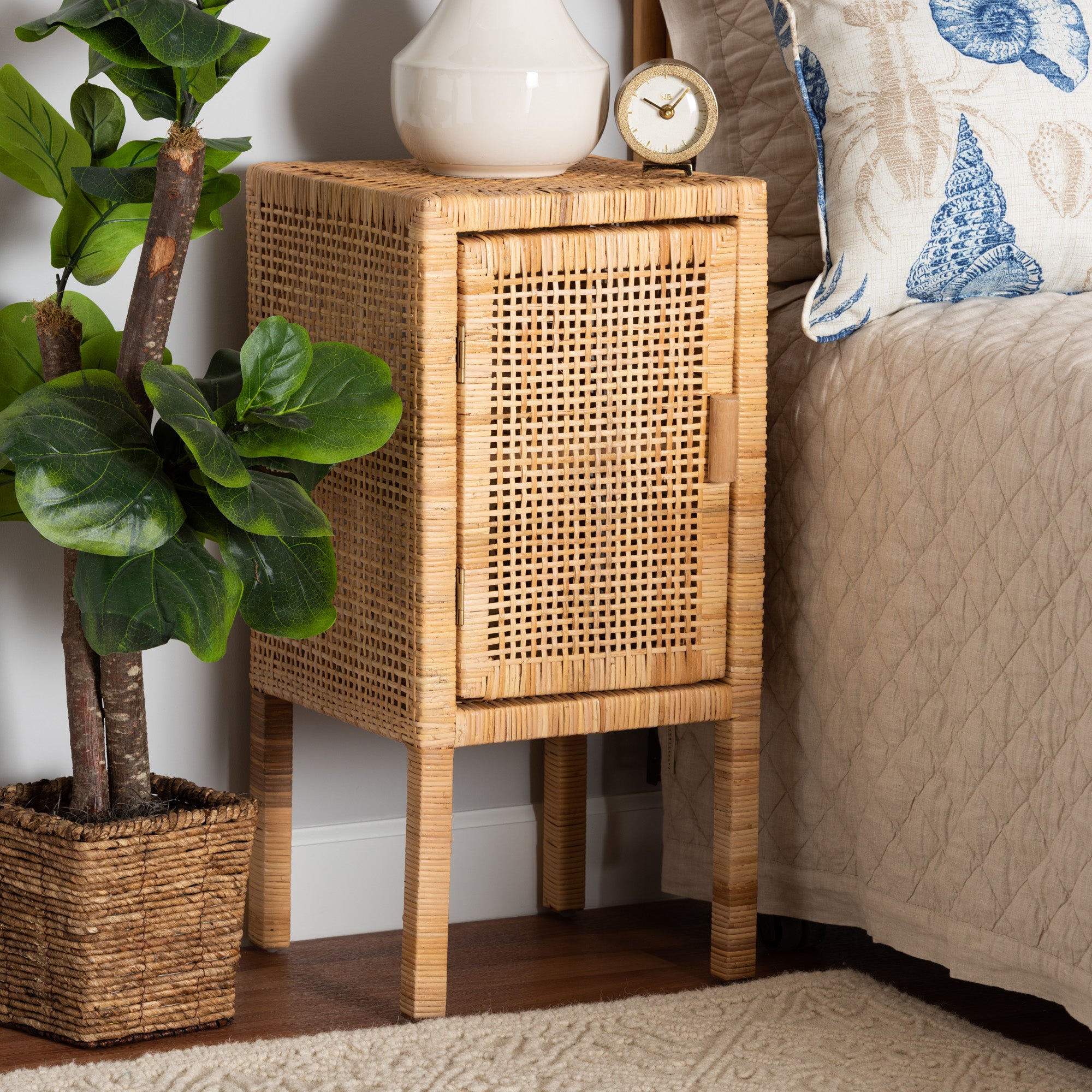 bali & pari Vivan Modern Bohemian Natural Brown Rattan 1-Door Nightstand