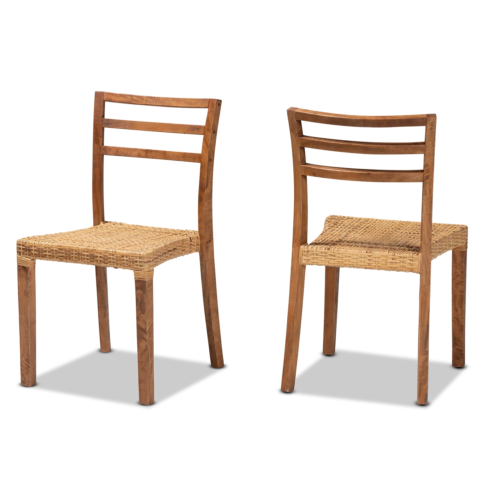 bali & pari Arthur Mid-Century Modern Walnut Brown Mahogany Wood and Natural Rattan 2-Piece Dining Chair Set