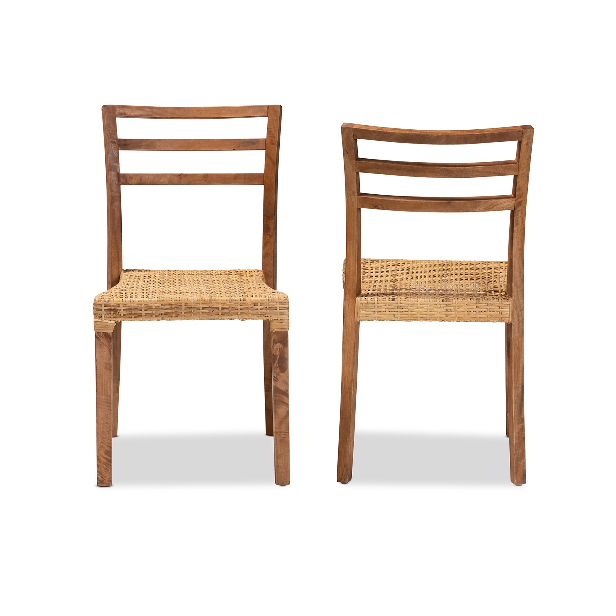 bali & pari Arthur Mid-Century Modern Walnut Brown Mahogany Wood and Natural Rattan 2-Piece Dining Chair Set