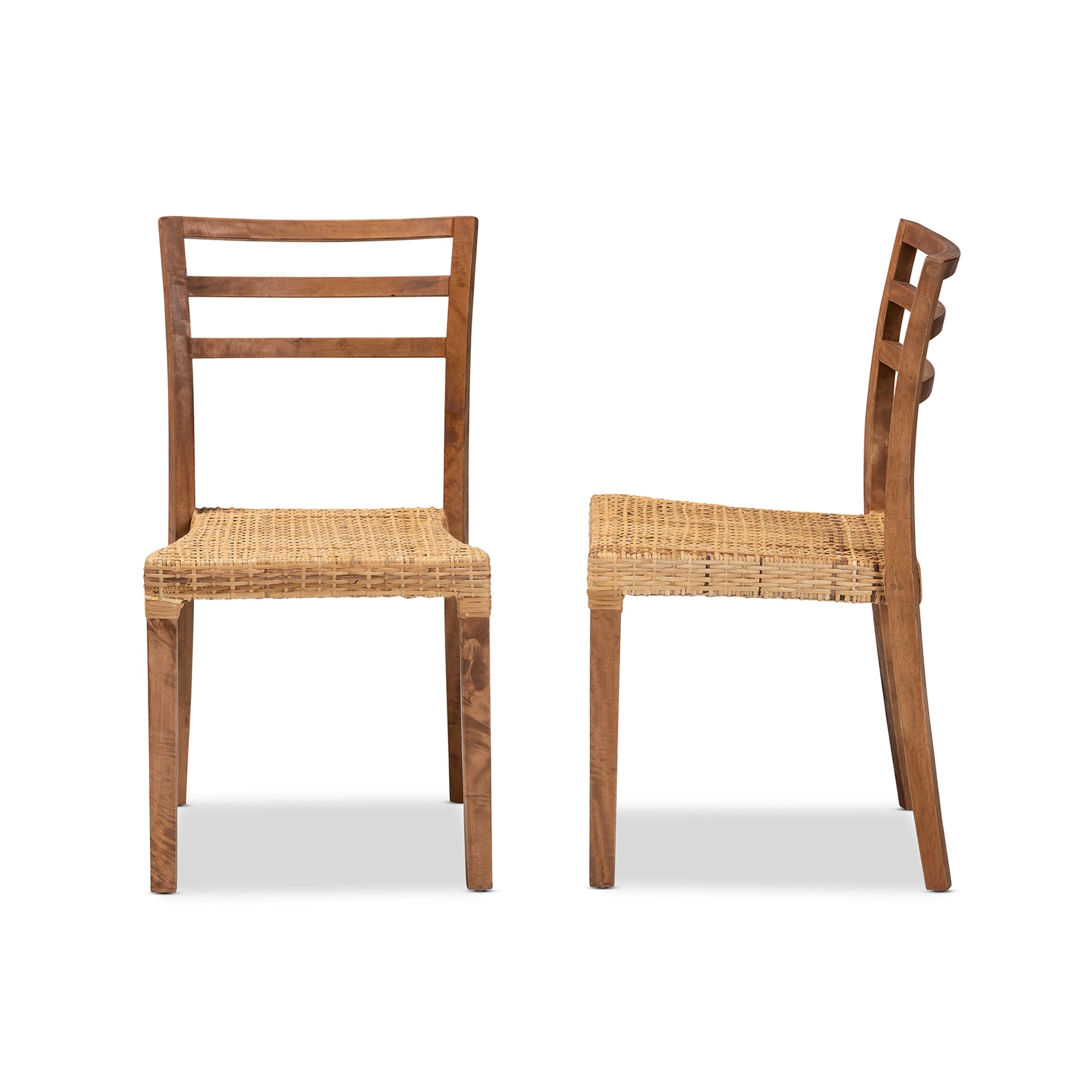 bali & pari Arthur Mid-Century Modern Walnut Brown Mahogany Wood and Natural Rattan 2-Piece Dining Chair Set