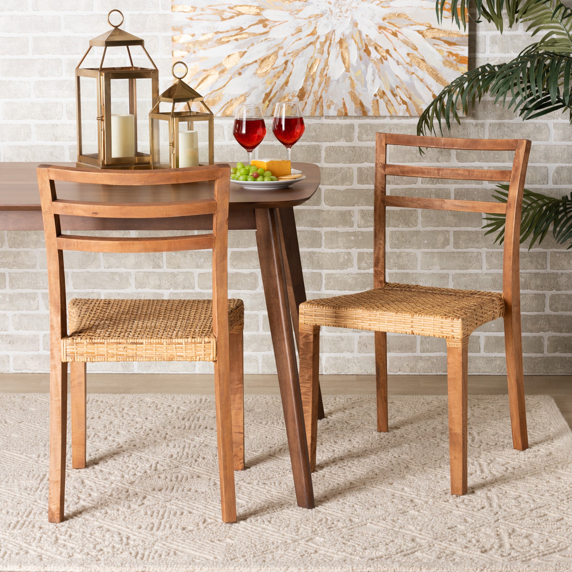 bali & pari Arthur Mid-Century Modern Walnut Brown Mahogany Wood and Natural Rattan 2-Piece Dining Chair Set