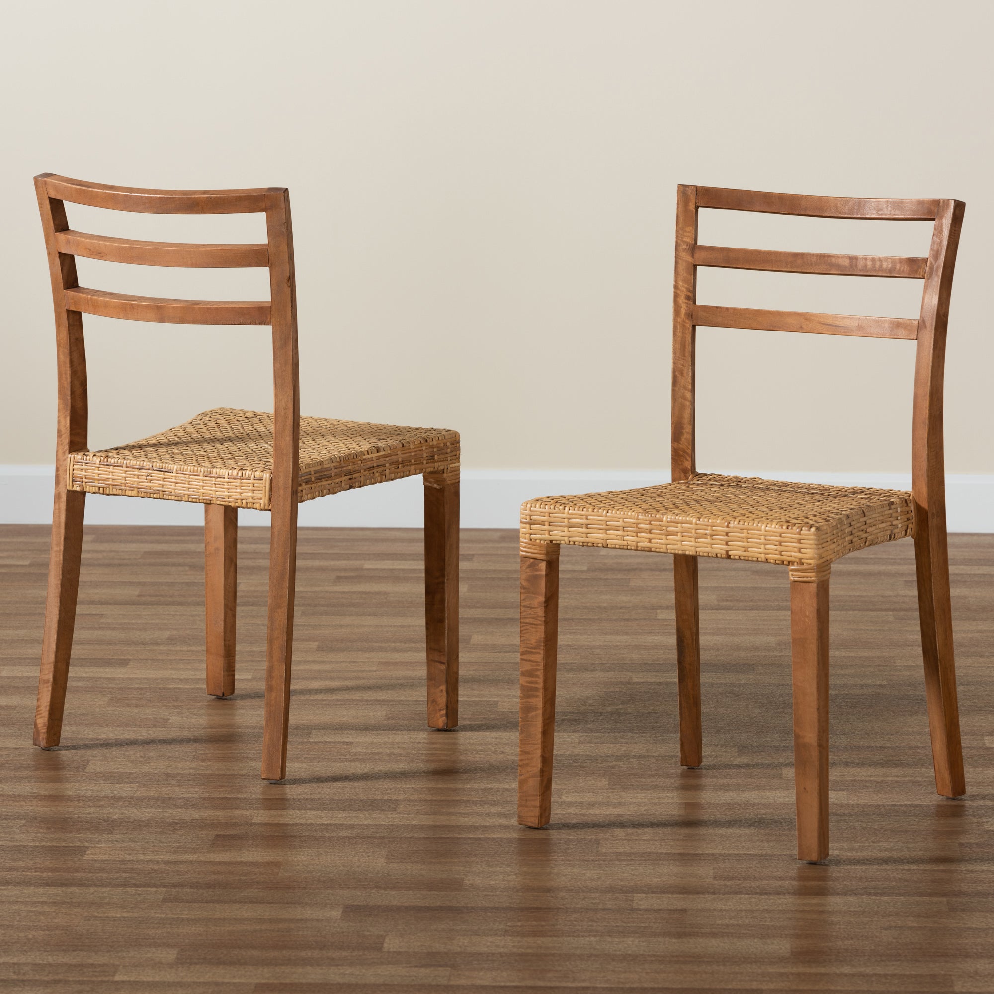 bali & pari Arthur Mid-Century Modern Walnut Brown Mahogany Wood and Natural Rattan 2-Piece Dining Chair Set