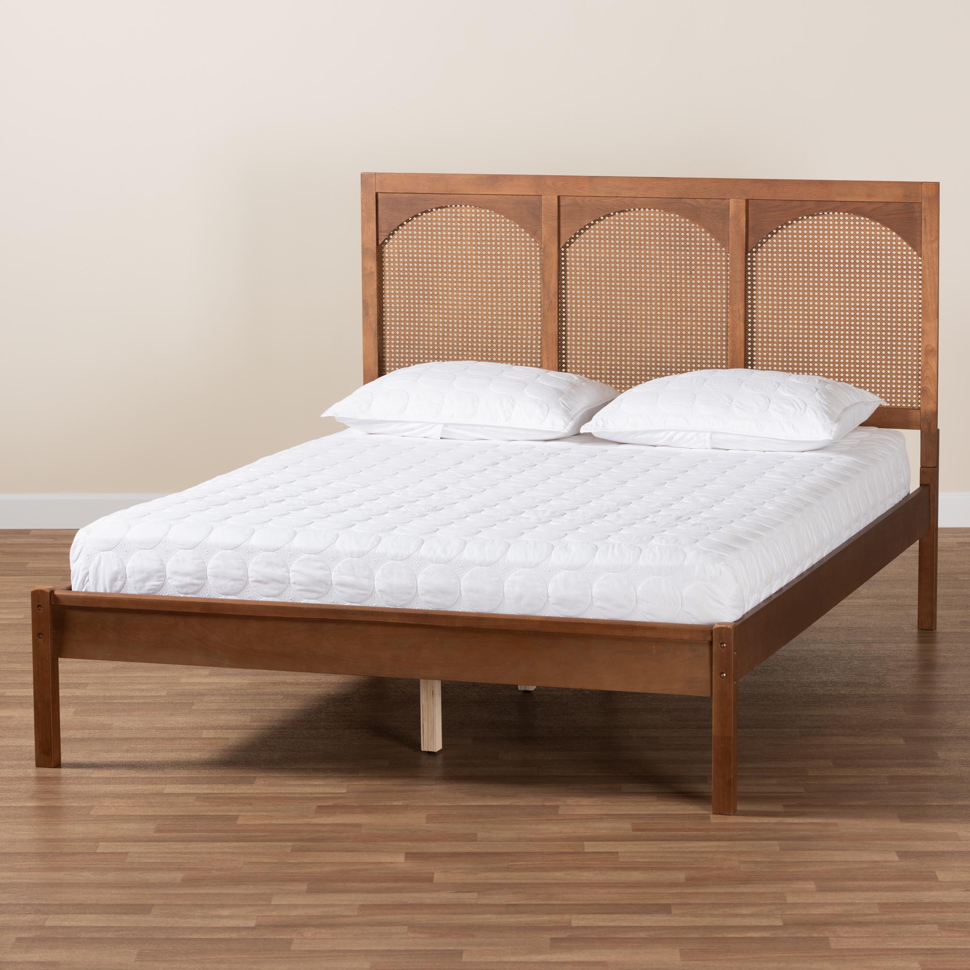 Baxton Studio Blossom Classic and Traditional Ash Walnut Finished Wood and Rattan King Size Platform Bed