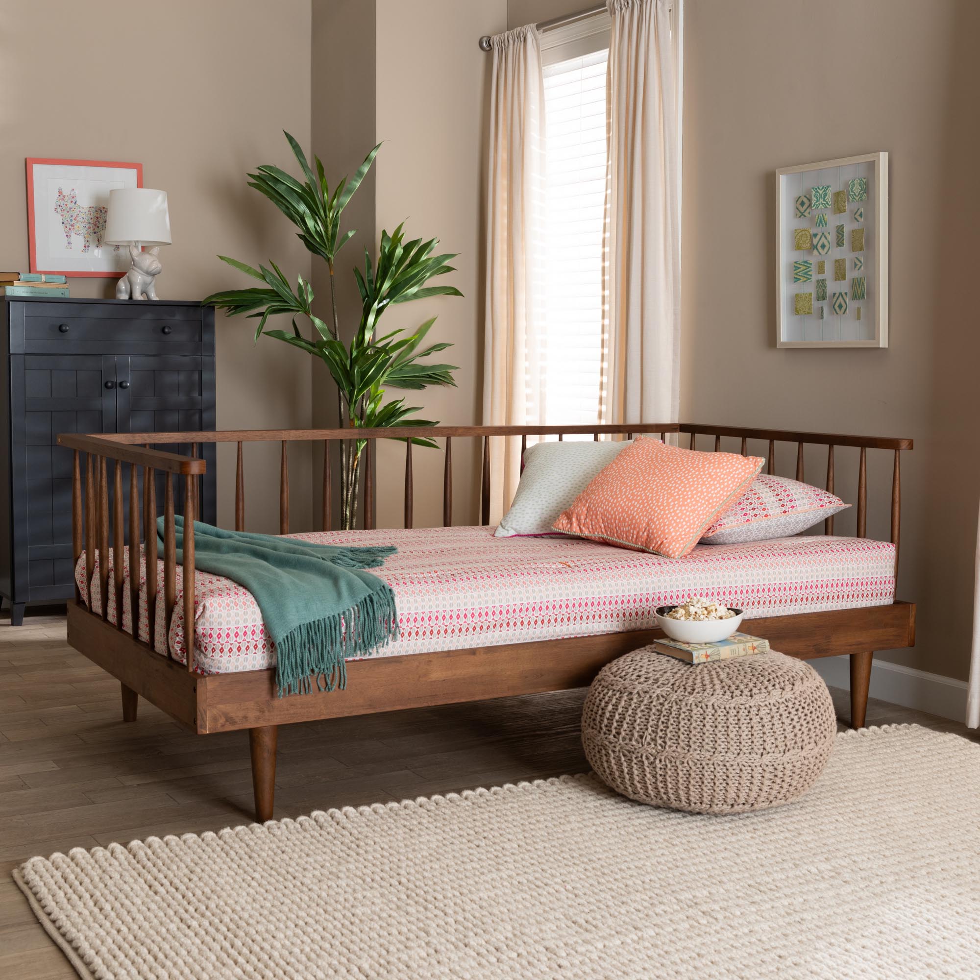 Baxton Studio Matilda Mid-Century Modern Ash Walnut Finished Wood Twin Size Daybed