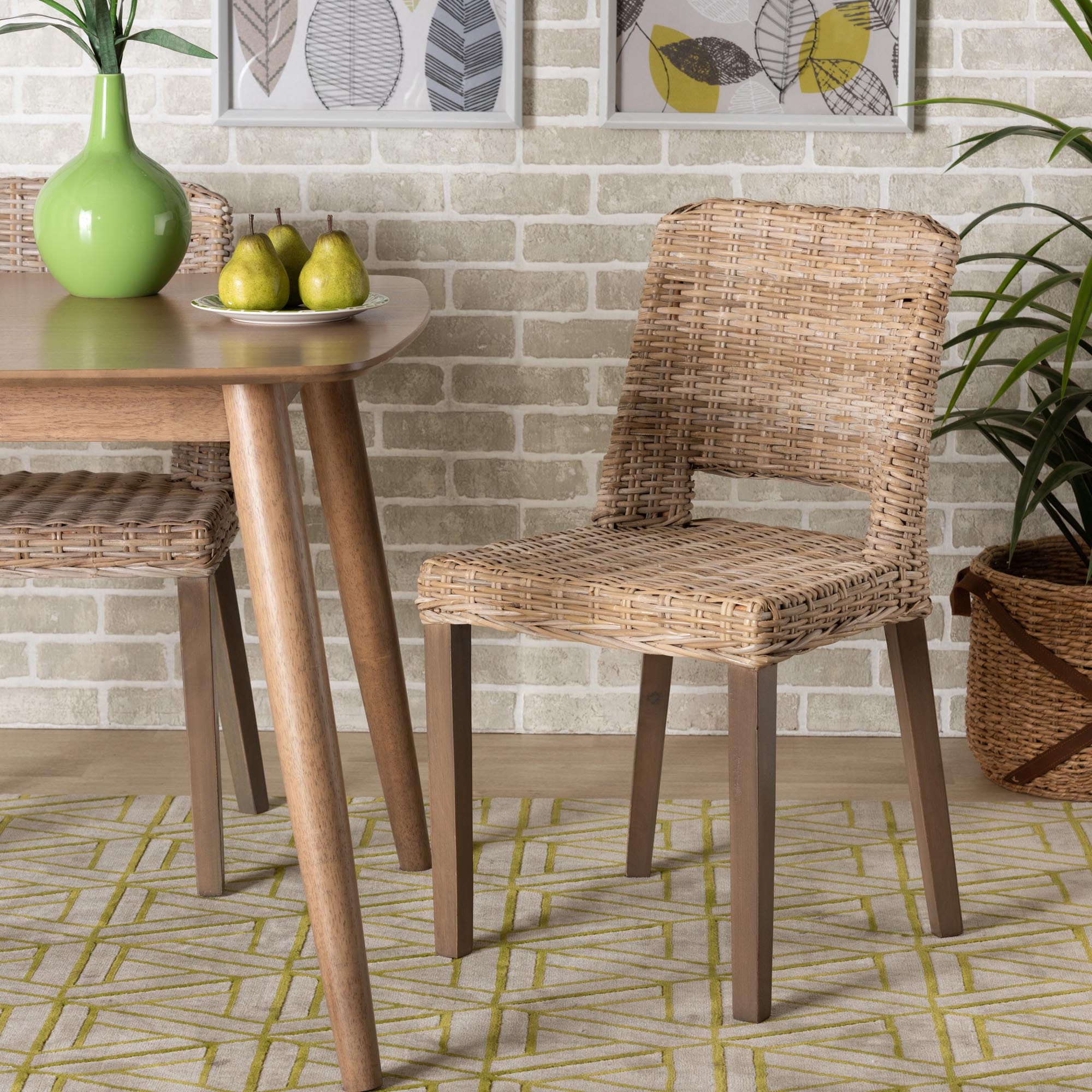 bali & pari Magy Modern Bohemian Grey Rattan and Natural Brown Finished Wood Dining Chair