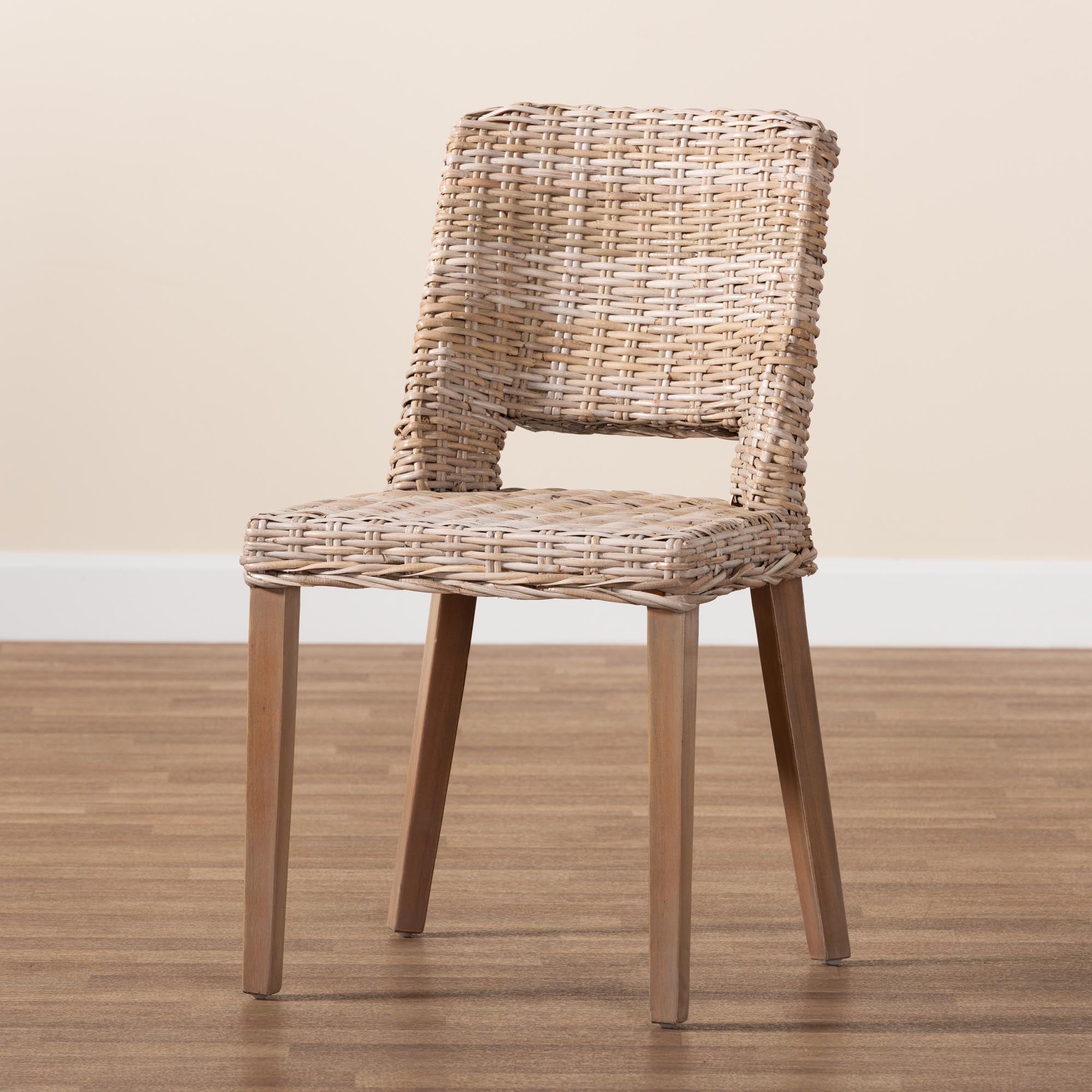 bali & pari Magy Modern Bohemian Grey Rattan and Natural Brown Finished Wood Dining Chair