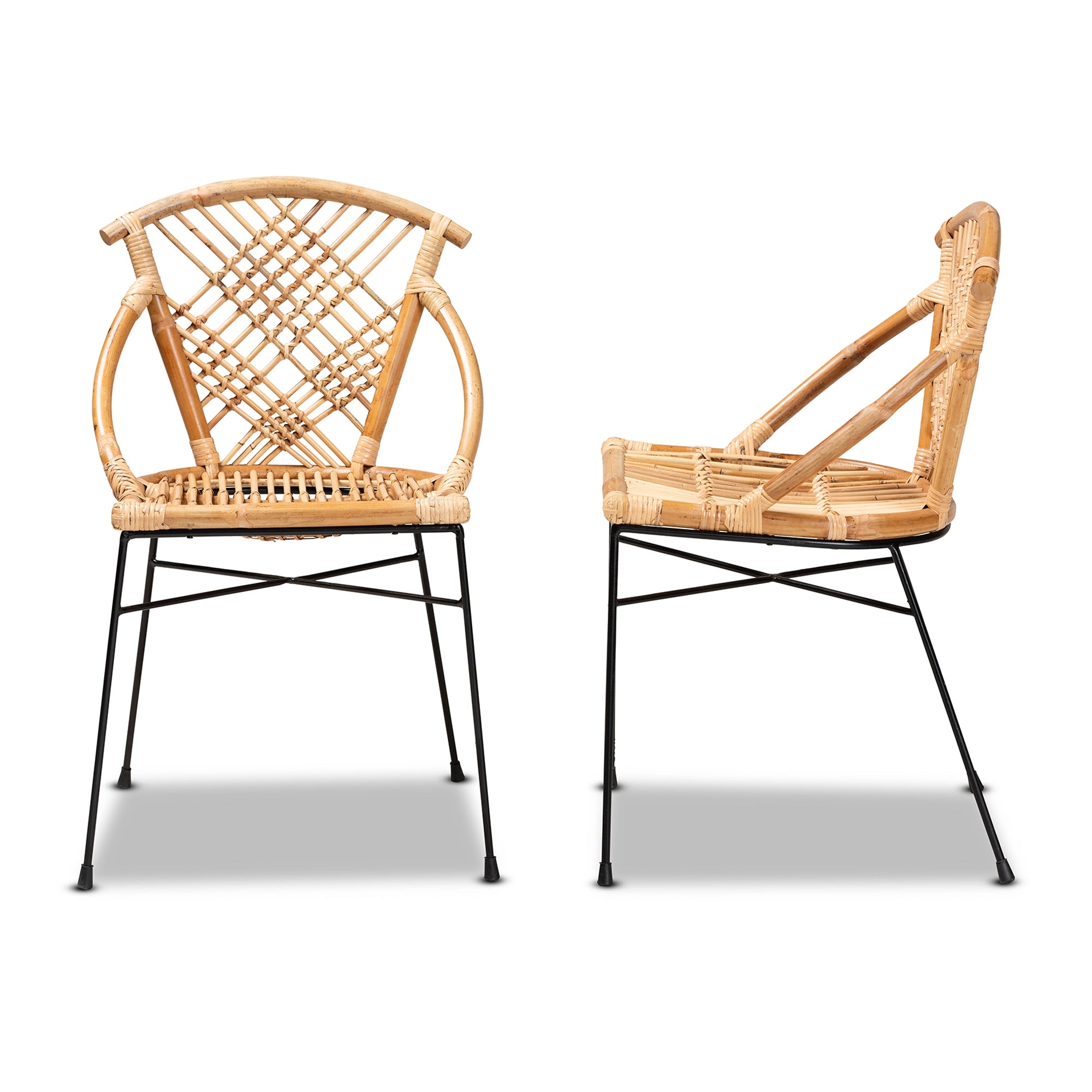 bali & pari Pro Modern Bohemian Natural Brown Rattan and Black Metal 2-Piece Dining Chair Set