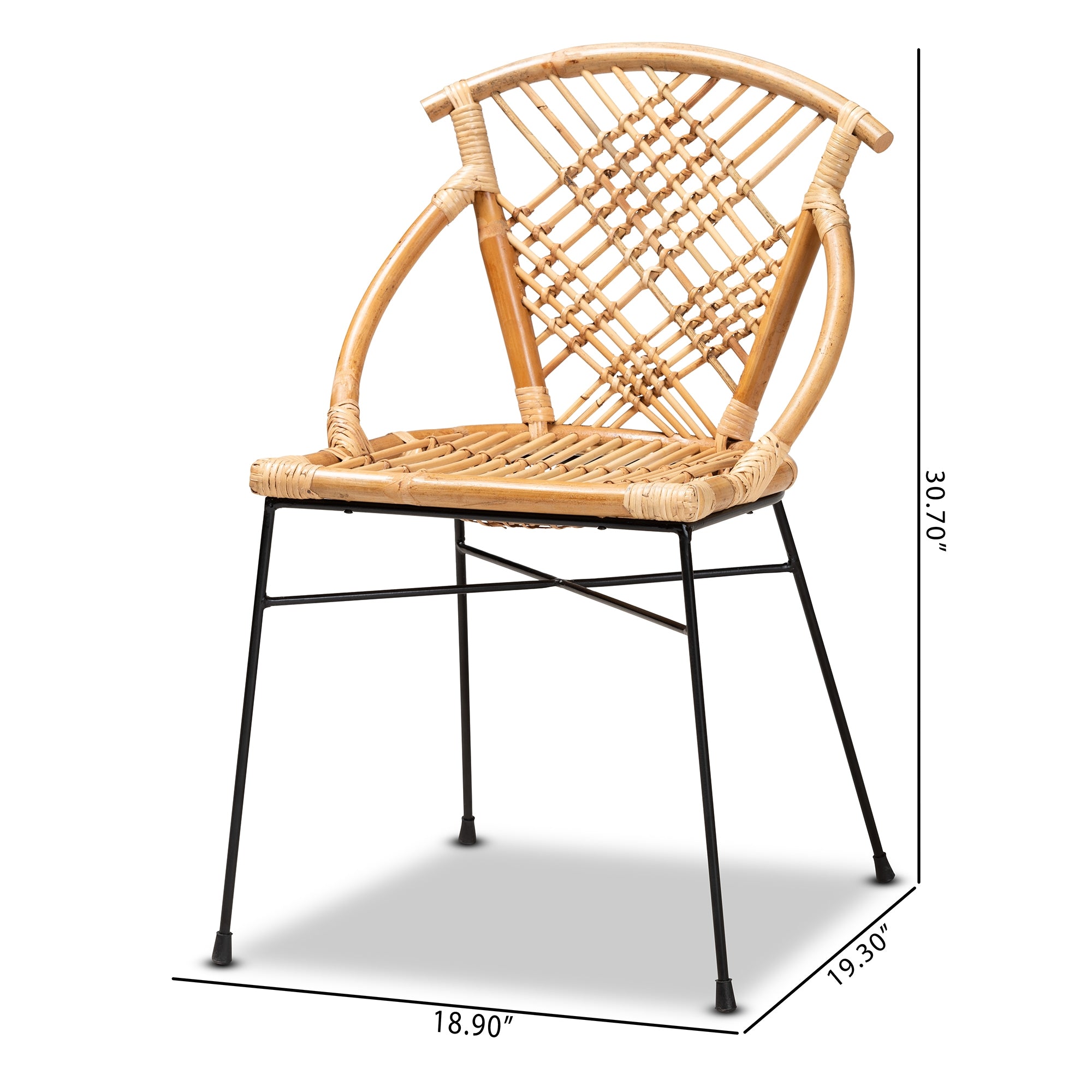 bali & pari Pro Modern Bohemian Natural Brown Rattan and Black Metal 2-Piece Dining Chair Set
