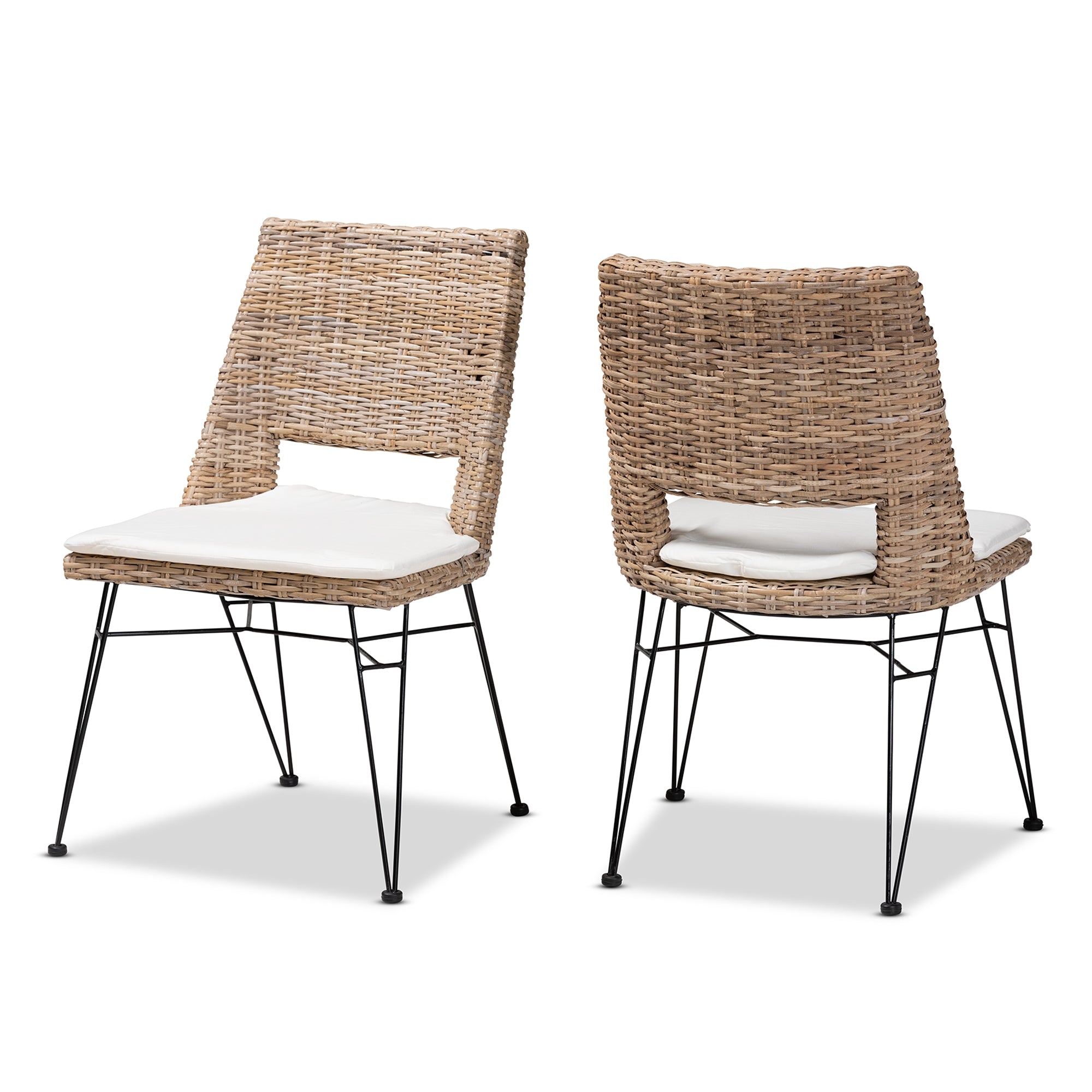bali & pari Nafaro Modern Bohemian Greywashed Natural Rattan Metal Dining Chair with Cushion 2-Piece Set