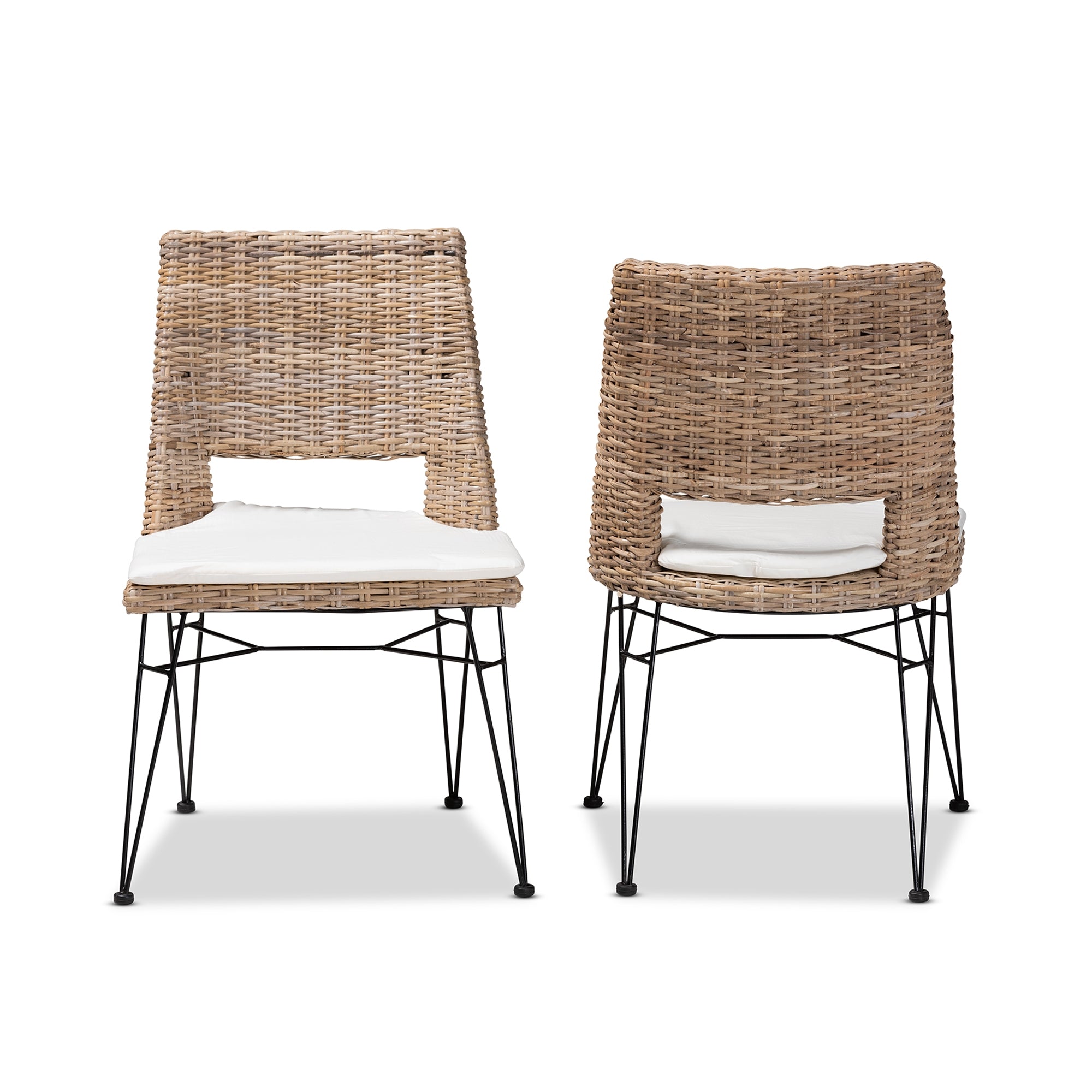 bali & pari Nafaro Modern Bohemian Greywashed Natural Rattan Metal Dining Chair with Cushion 2-Piece Set