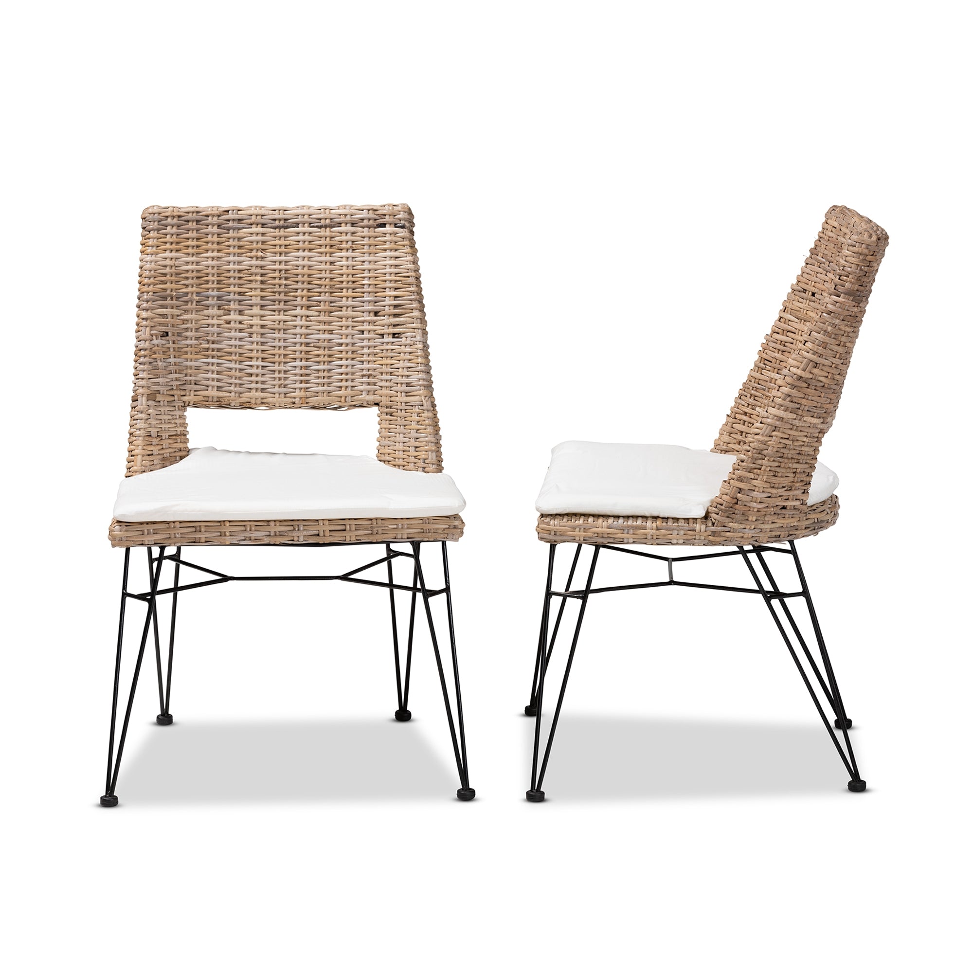 bali & pari Nafaro Modern Bohemian Greywashed Natural Rattan Metal Dining Chair with Cushion 2-Piece Set