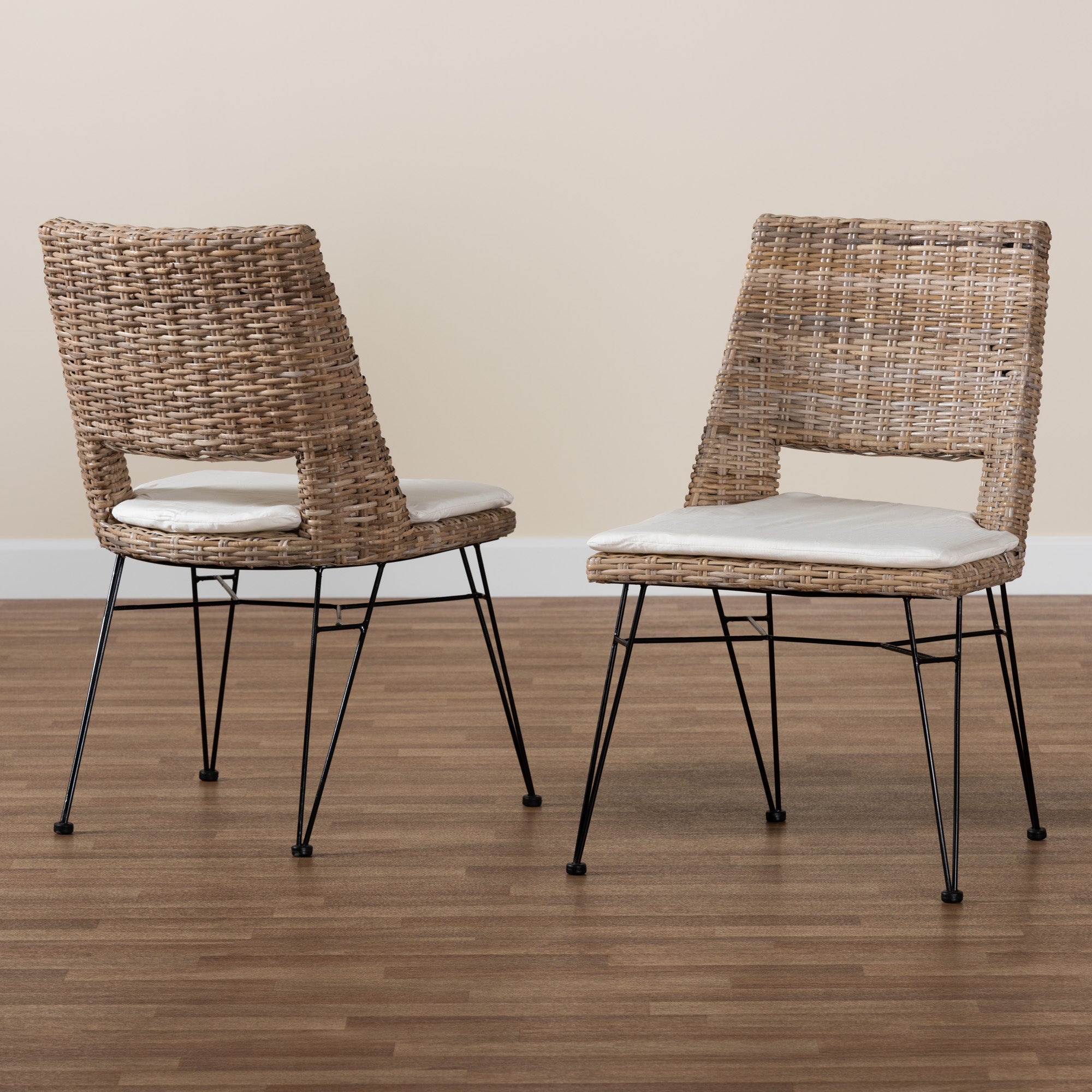bali & pari Nafaro Modern Bohemian Greywashed Natural Rattan Metal Dining Chair with Cushion 2-Piece Set