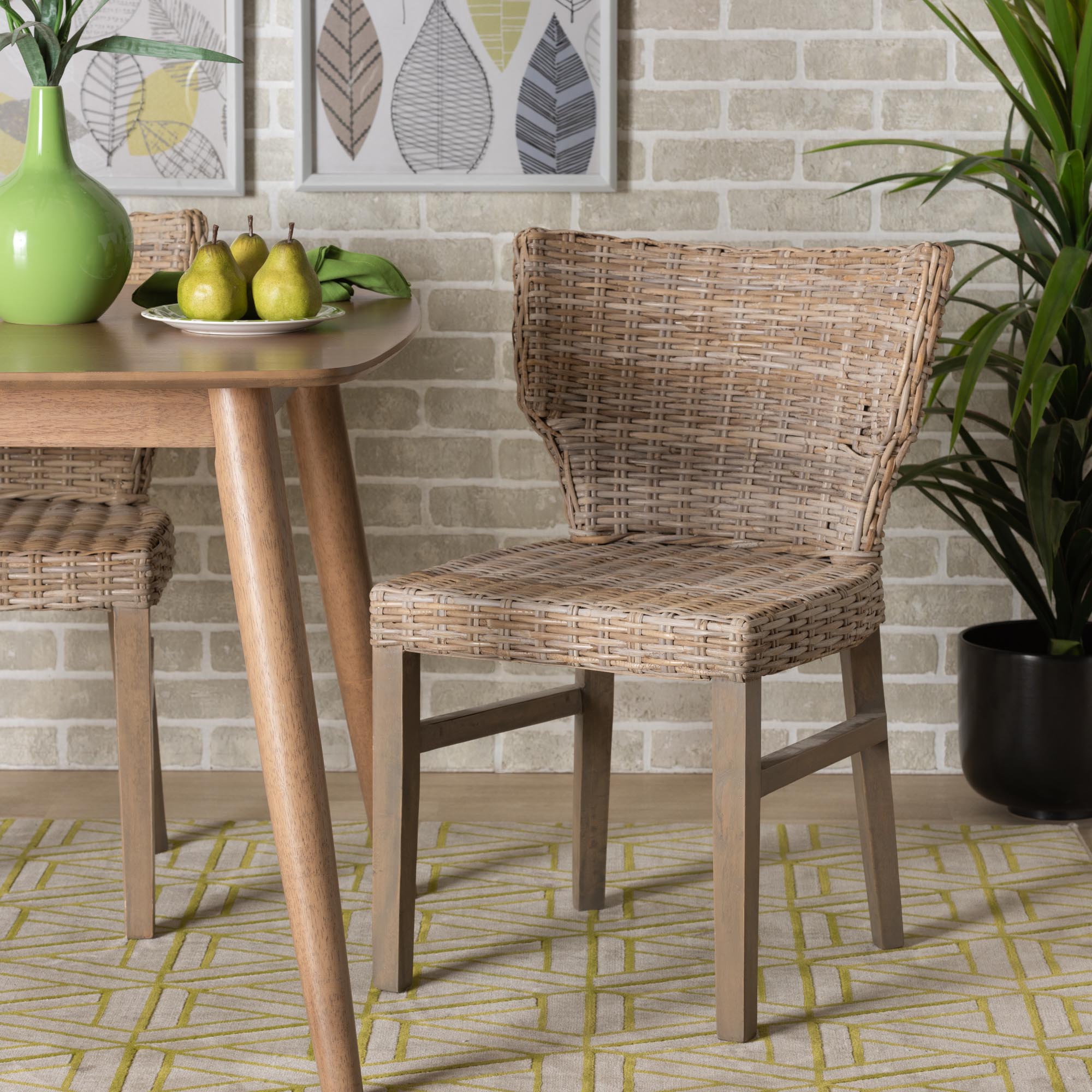 bali & pari Enver Modern Bohemian Grey Rattan and Brown Wood Dining Chair