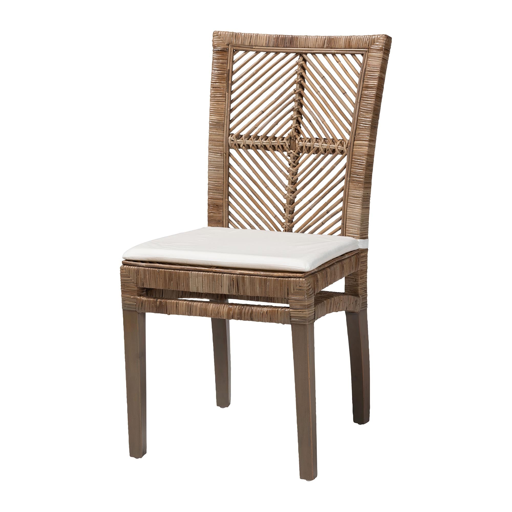 bali & pari Laluna Modern Bohemian Greywashed Natural Rattan and Mahogany Dining Chair with Cushion