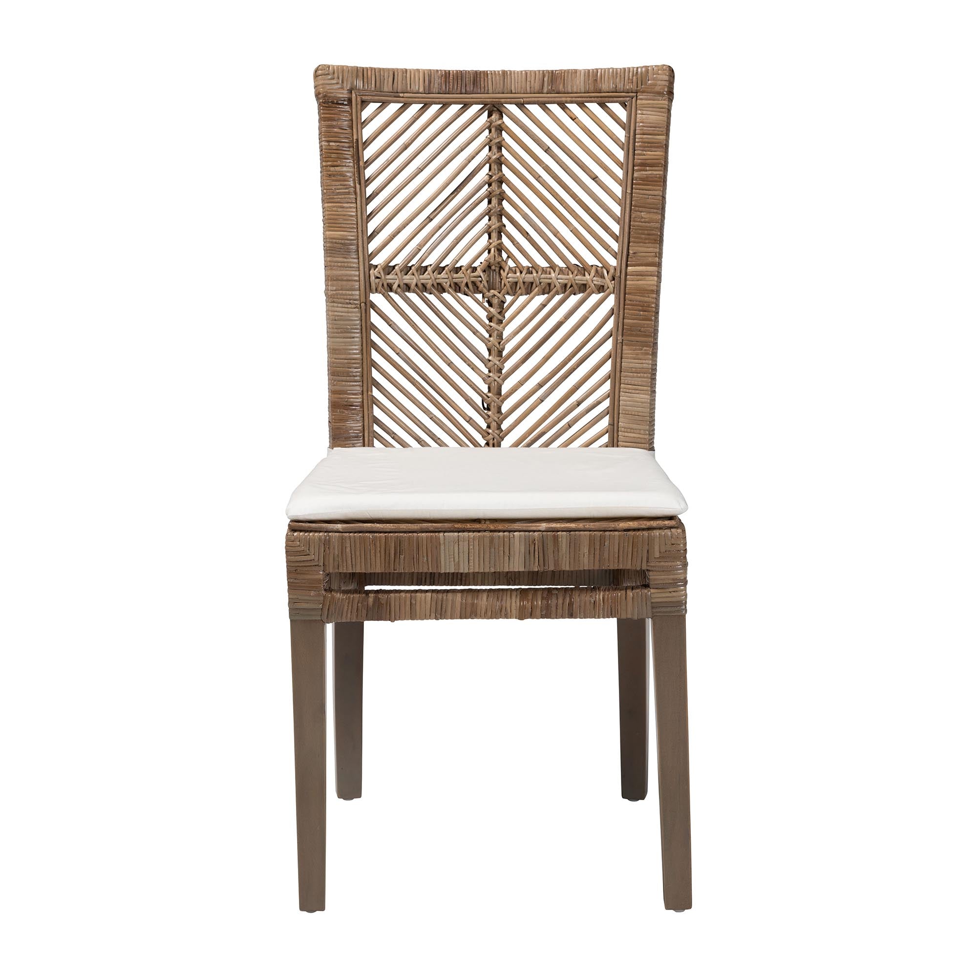 bali & pari Laluna Modern Bohemian Greywashed Natural Rattan and Mahogany Dining Chair with Cushion