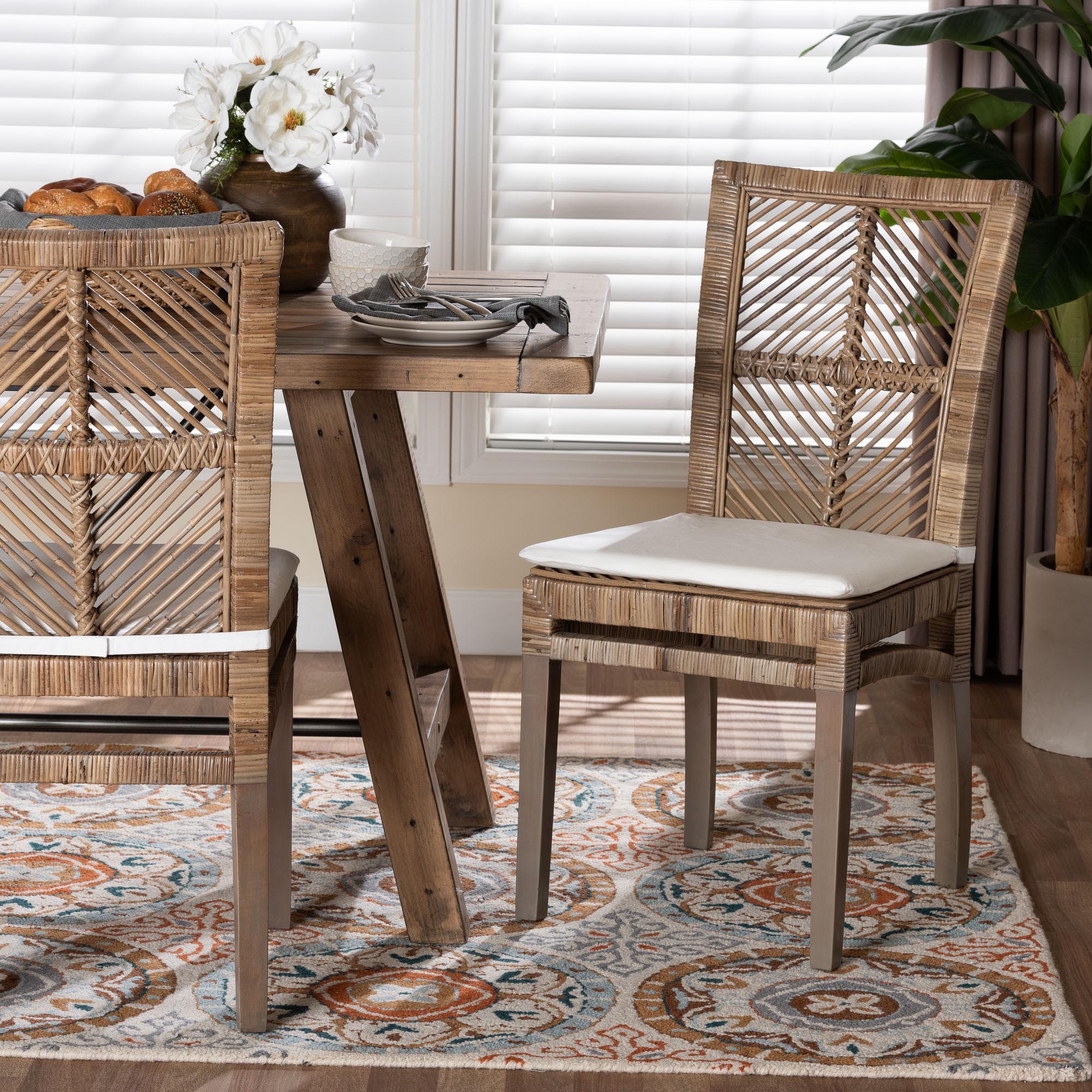 bali & pari Laluna Modern Bohemian Greywashed Natural Rattan and Mahogany Dining Chair with Cushion