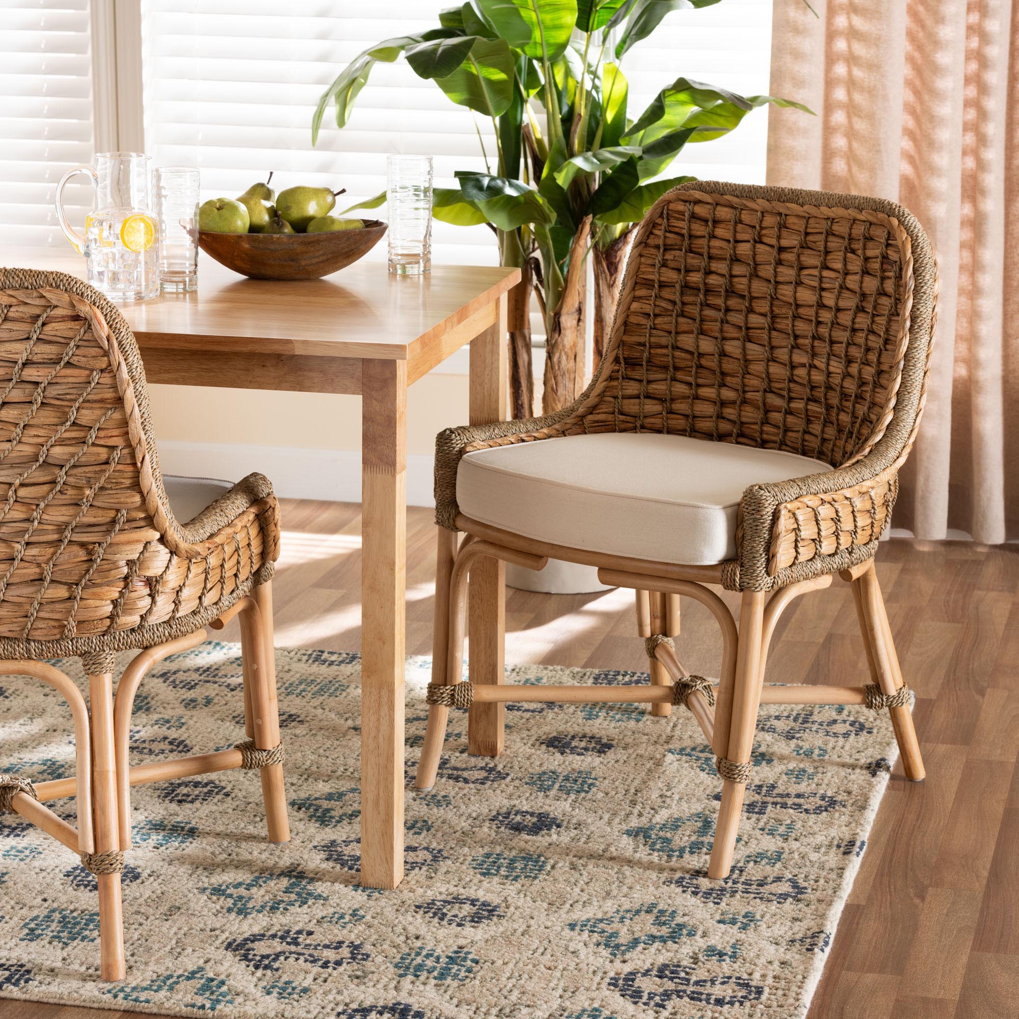 bali & pari Kyle Modern Bohemian Natural Brown Woven Rattan Dining Side Chair With Cushion